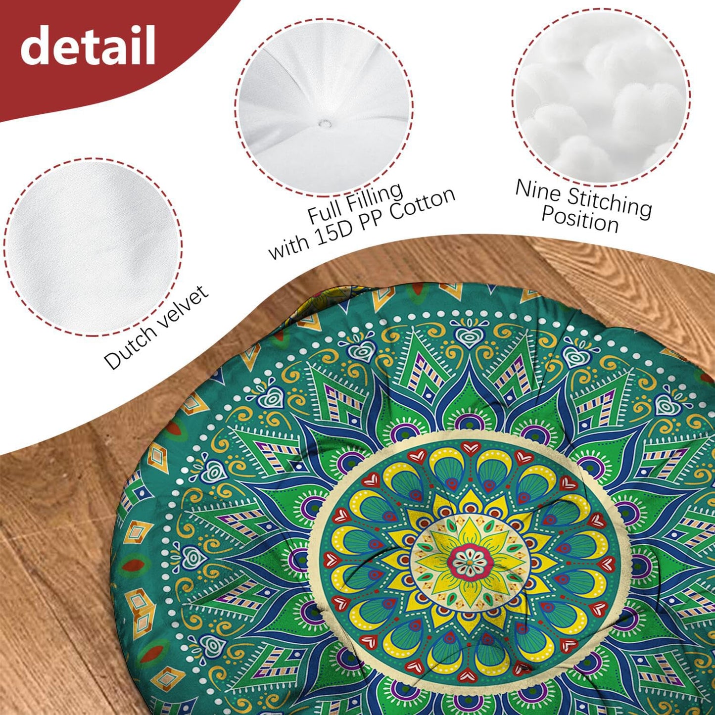 Mandala Meditation Cushion, Boho Meditation Mat, Meditation Pillows for Sitting on Floor, Cushions for Sitting in Home and Outdoor, Round Floor Pillows Cushion Seating for Yoga Accessories 22'' X 22''