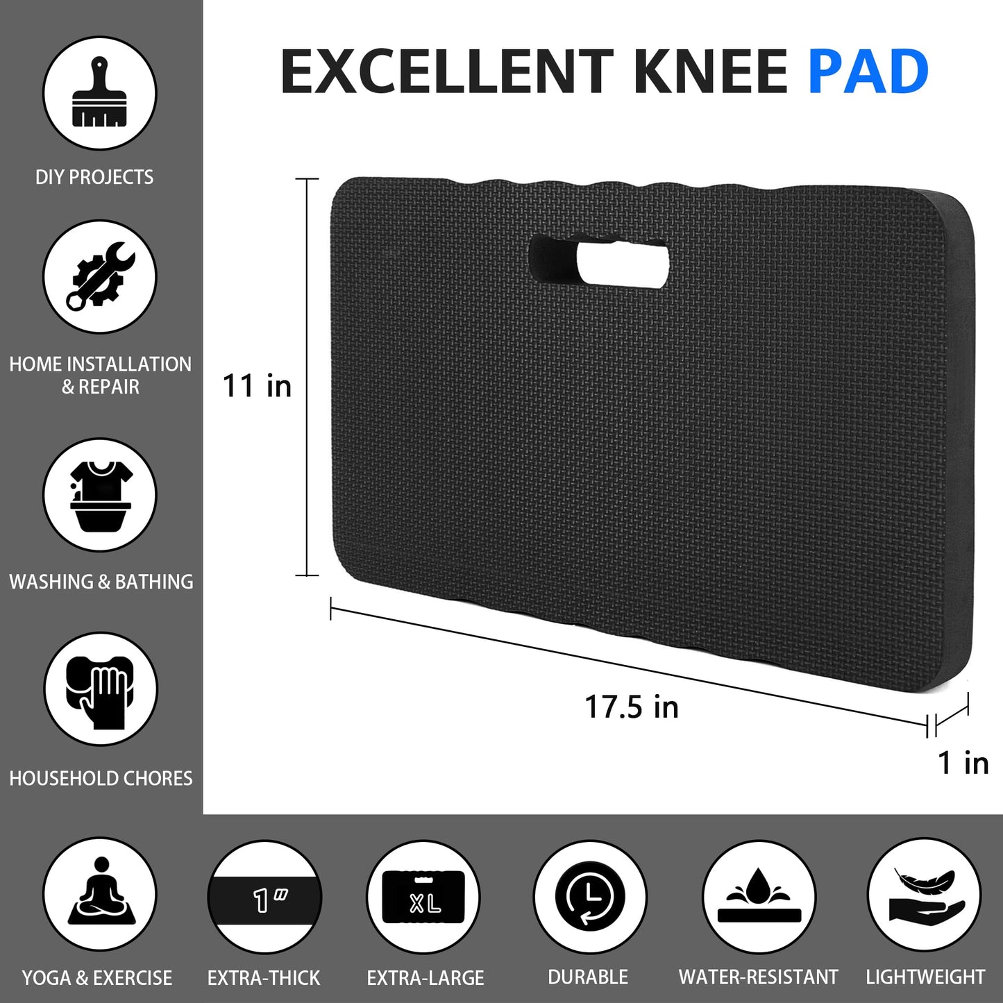 HOOPLE Extra Thick Kneeling Pad, Soft Foam Kneeling Cushion, Waterproof Gardening Knee Pads, Lightweight Knee Mat for Bathing, Workout Supplies, Exercise Yoga, Garden Work Gifts 17.5 x 11 x 1 in, Black