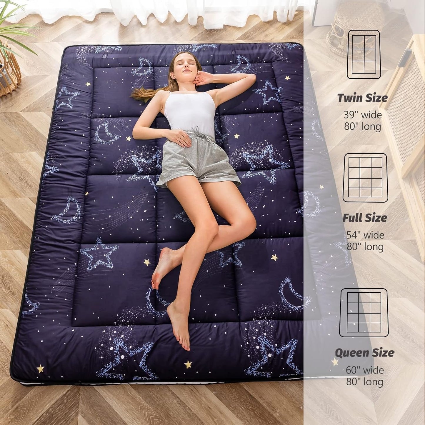 MAXYOYO Black Moon and Star Futon Mattress, Japanese Floor Mattress Quilted Mattress Topper, Extra Thick Folding Sleeping Pad Breathable Floor Lounger Guest Couch for Camping, King