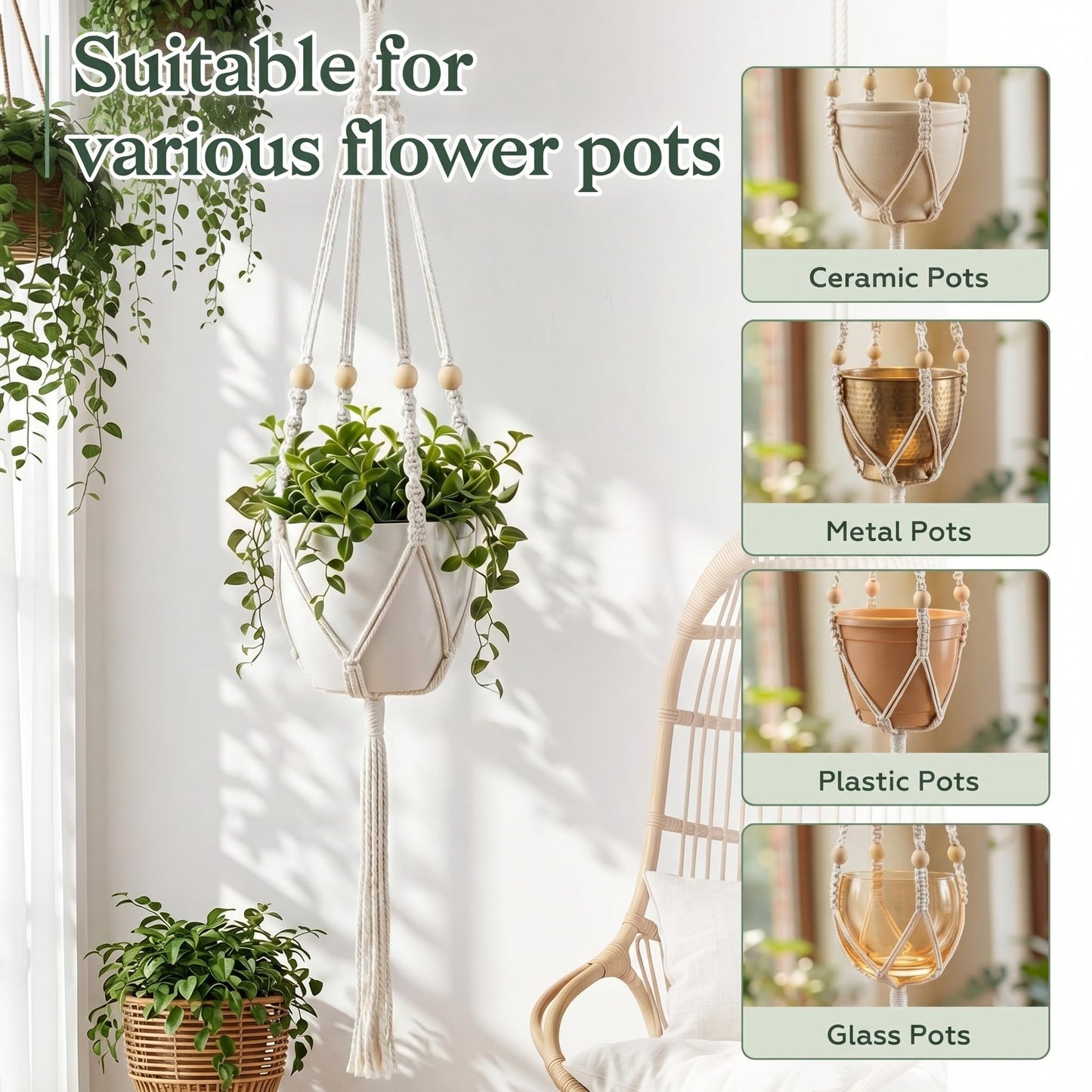 Huquary 3 Pack Macrame Plant Hanger with Grow Light Hanging Boho Planter Basket Flower Holder and Hanging Remote Grow Lights for Indoor Plants Suitable for Different Size Pots(White)