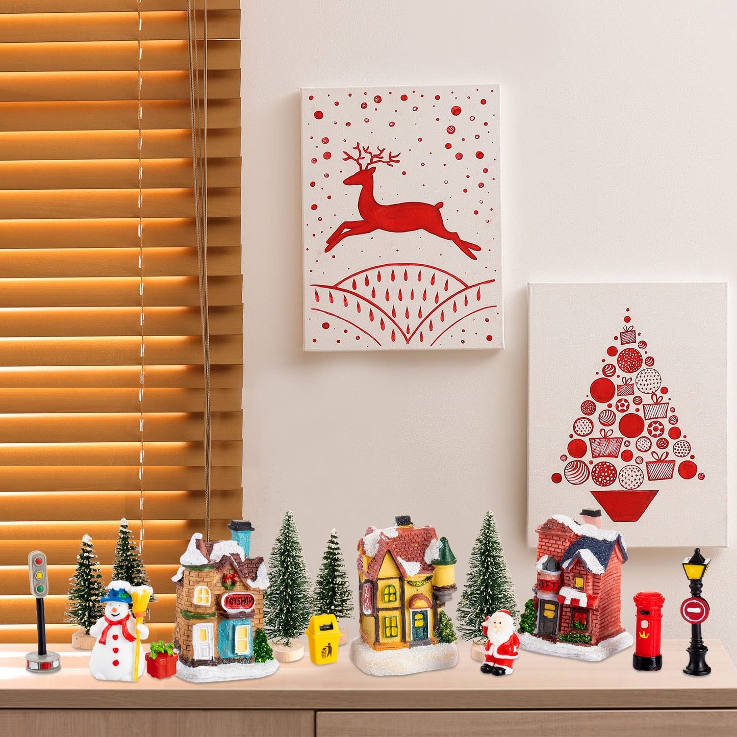 Vinsot 30 Pcs Christmas Village Sets Light Up Christmas Town LED Tiny Resin Village Figurines Collection Display Xmas Table Decor Ornaments