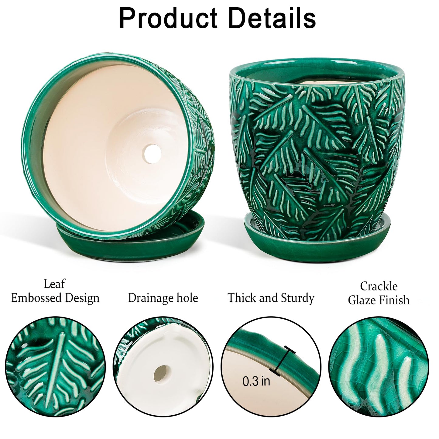 LITUDISO Ceramic Plant Pots, 6 Inch Indoor Plant pots with Drainage Hole and Saucer, Flower Pots, Leaf Embossed - Green Glaze, Set of 2