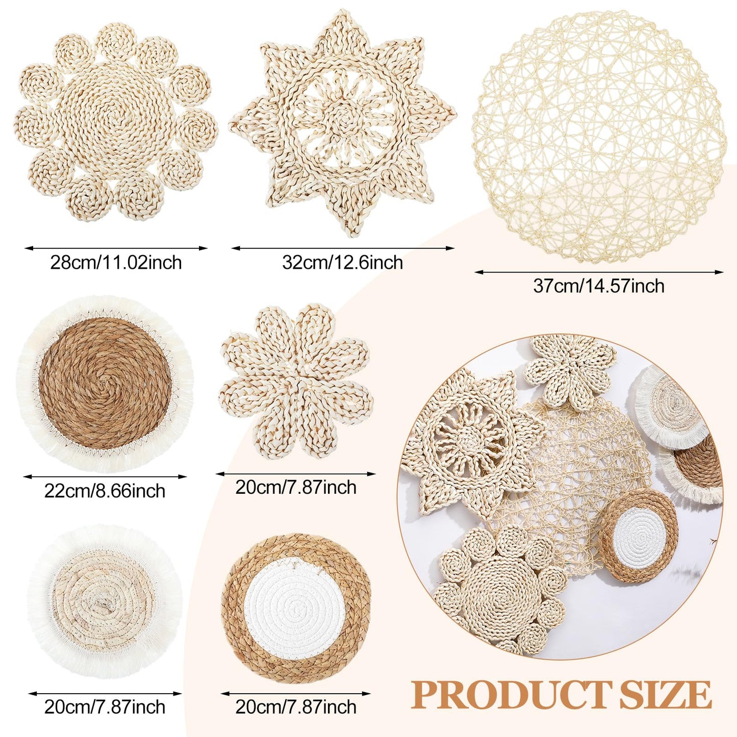 Beeveer 7 Pcs Boho Wall Baskets Decor Hanging Rustic Rattan Wicker Wall Baskets Round Wall Art for Farmhouse Living Rooms Bedrooms Kitchen Decorations