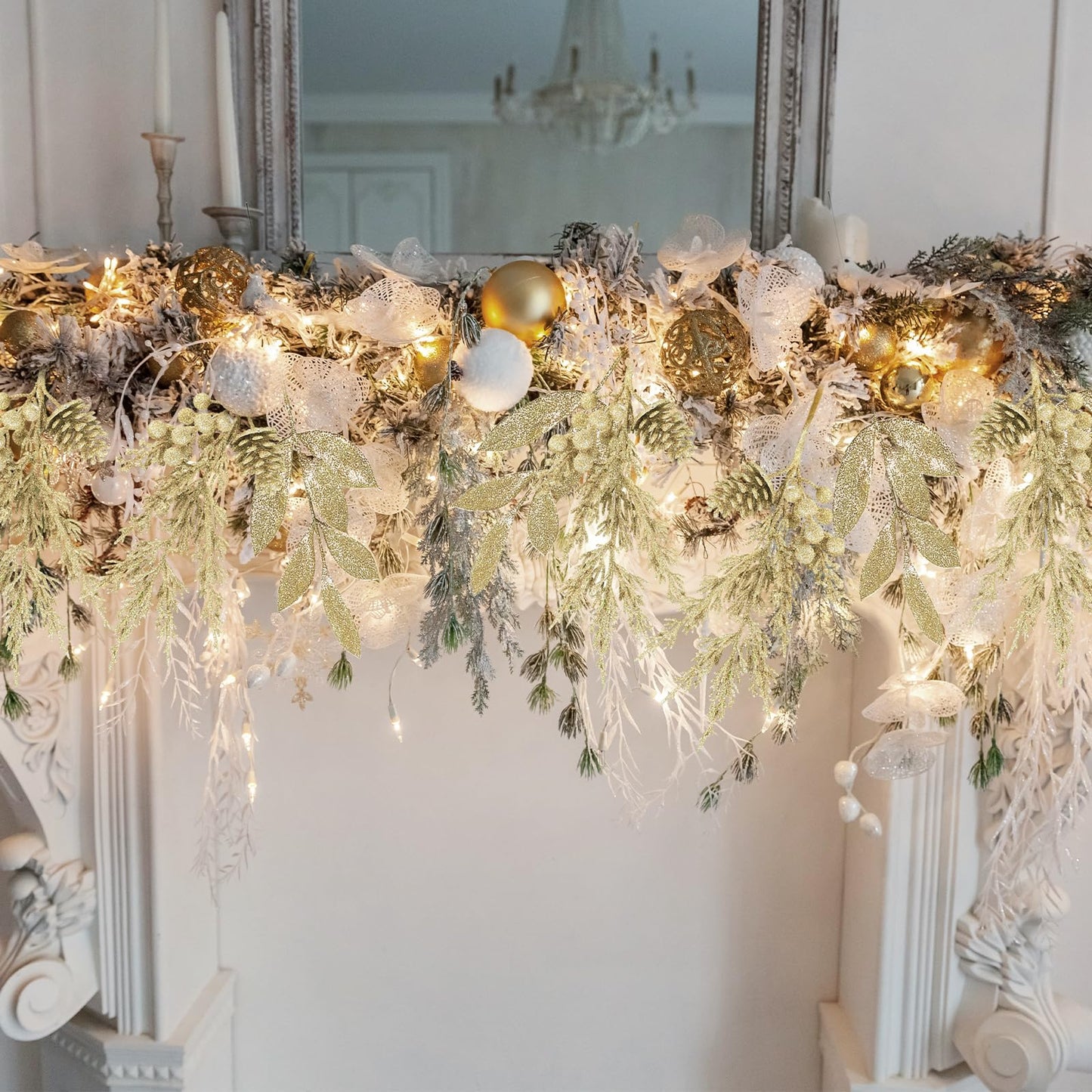 Winlyn 24 Pcs Christmas Glitter Artificial Leaf Picks Pine Needles Pinecone Berries Stems Champagne Glittered Christmas Tree Sprays for Holiday Floral Arrangements Centerpiece DIY Wreaths Garlands