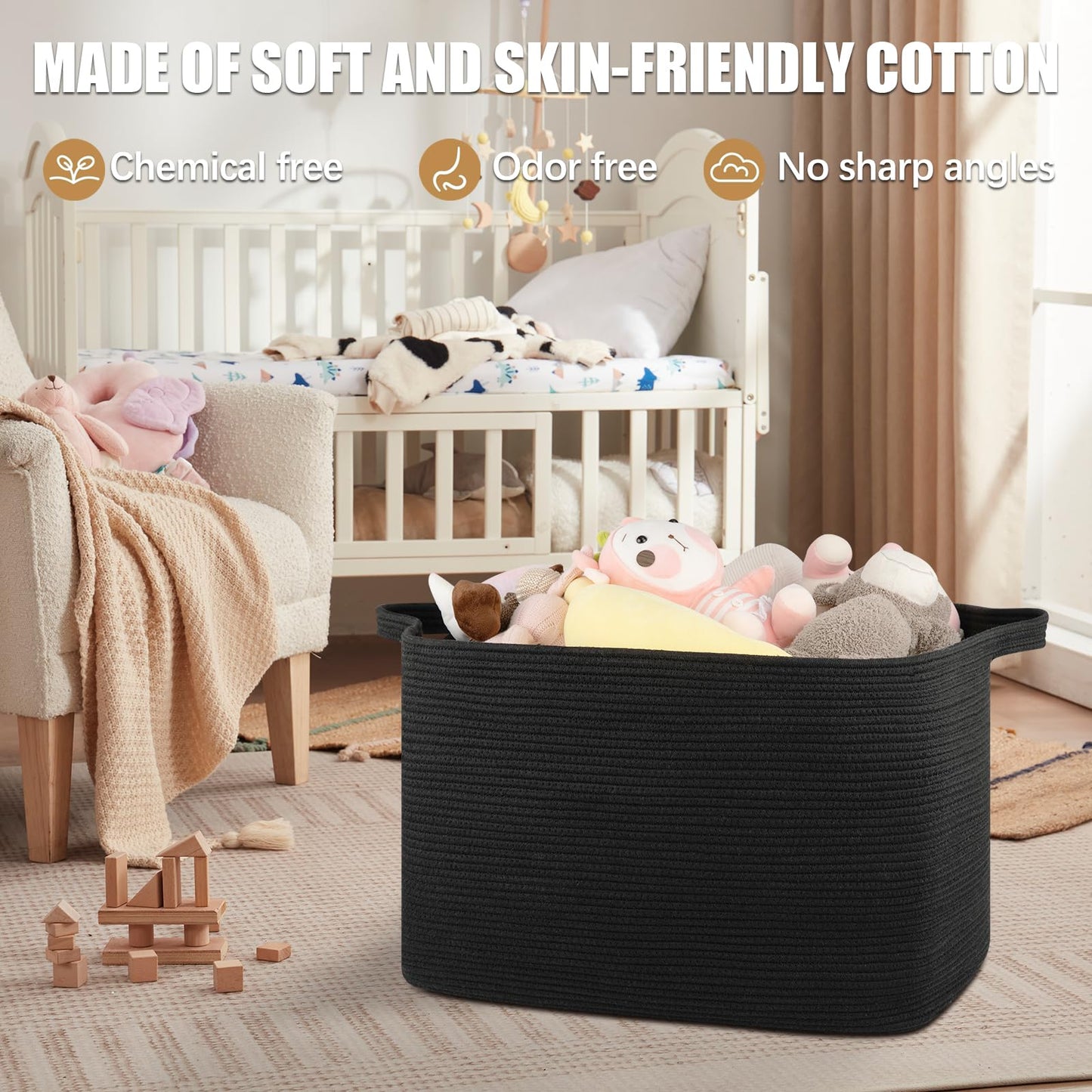 OIASKET 118L Extra Large Blanket Basket, 24.8"x17.7"x16.2" Woven Rope Baskets for Storage, Nursery Blanket Storage for Living Room, Toy Basket with Handle Organizing Comforter Cushions Pillows, Black