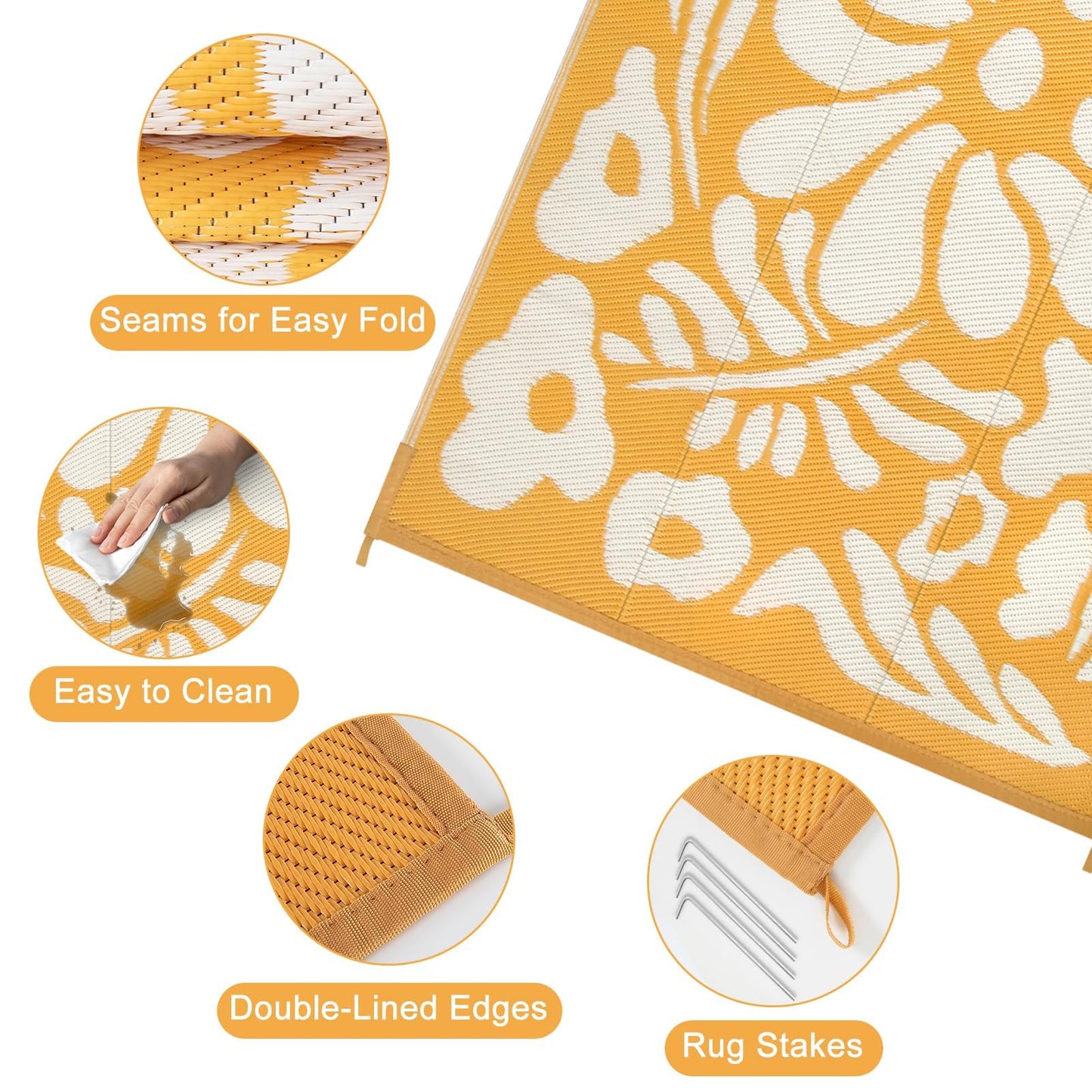 Uphome Outdoor Rugs 8x10 Waterproof, Reversible Orange Floral RV Camping Rug, Patio Plastic Straw Outside Rug, Large Foldable Outdoor Mat Carpet for Backyard Deck Pool Balcony Picnic Beach, 8'x10'
