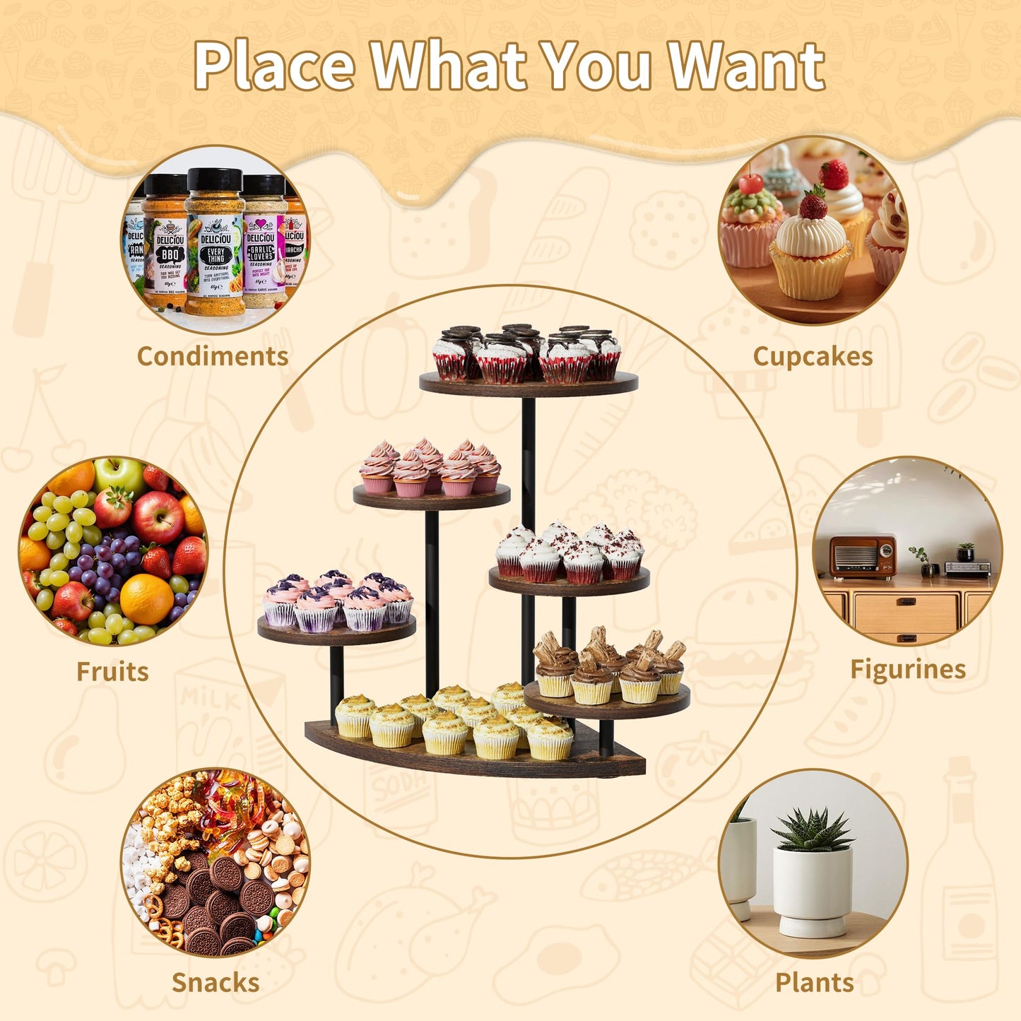 Cake Stand for Cupcake Dessert Display - 6 Tiered Corner Tray Dessert Table Stand, Cupcake Tower for 102 Cupcakes, Wood Cake and Cup Cake Stand Combo Serving Trays for Party Wedding Birthday