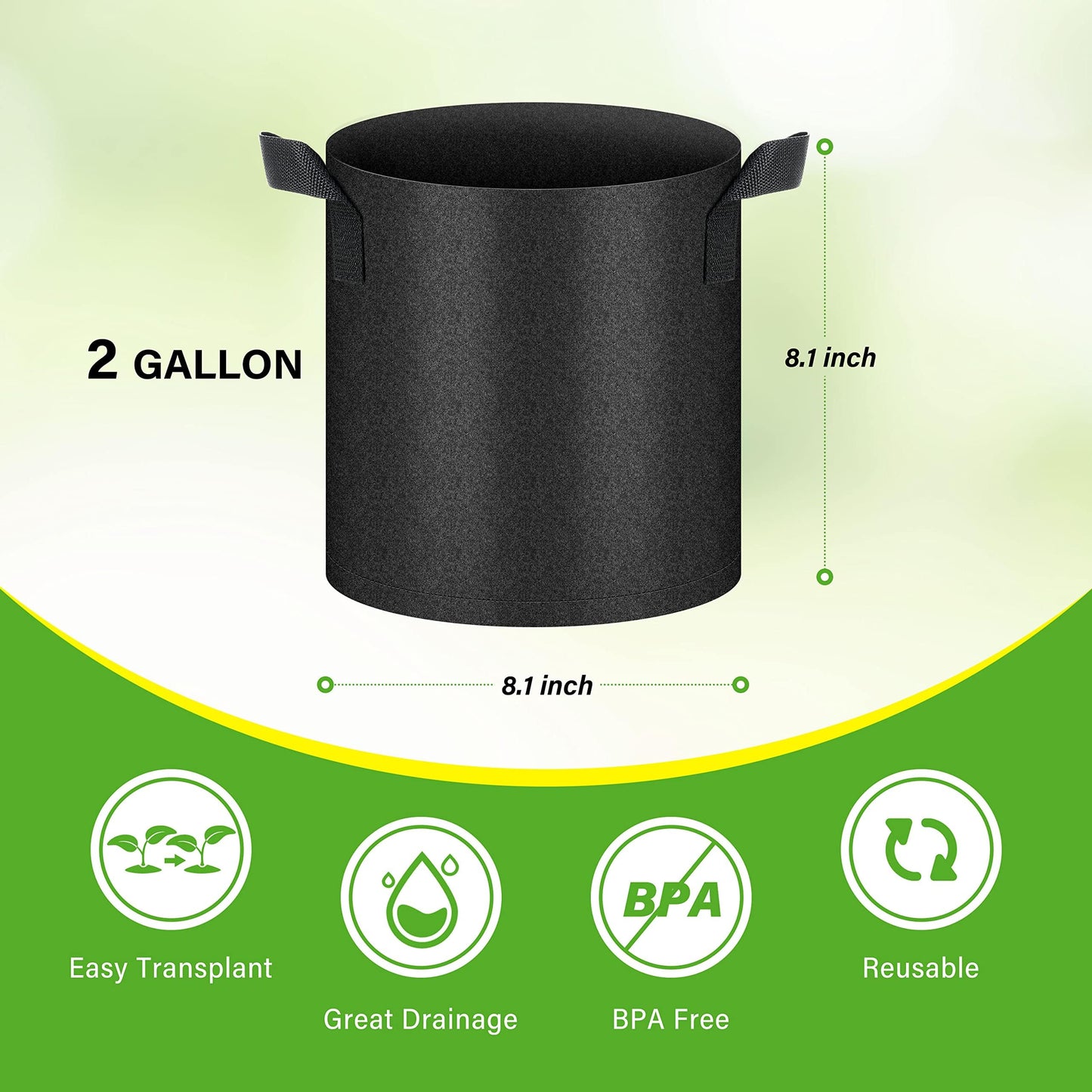 HealSmart 12-Pack 2 Gallon Grow Bags, Nonwoven Aeration Fabric Pots with Handles, Cloth Plant Pots, Suitable for Garden Fruits, Vegetables, Tomato and Flowers, Black