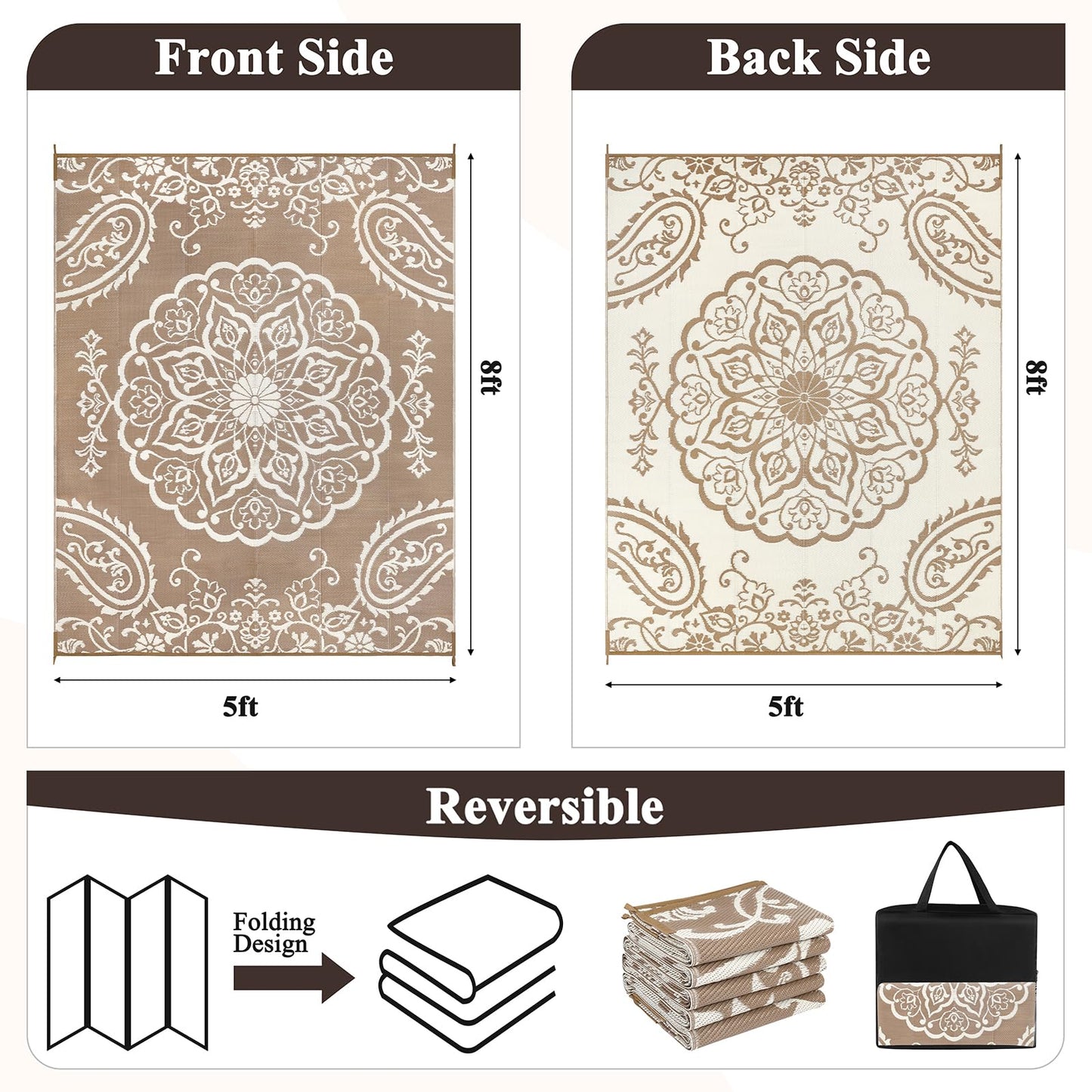 Pauwer Waterproof Outdoor Rug 5x8, Reversible Plastic Straw Patio Camping Rug, Indoor Outdoor RV Mat Carpet for Deck, Camper, Porch, Balcony, Backyard, Picnic, Boho Brown