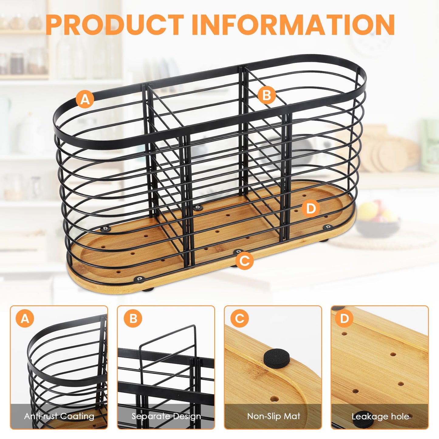 witarten Utensil holder for Kitchen Counter- Large Utensils Holder For Farmhouse Cooking 13.5" x 4.3" x 6.9" with Wooden Base Matte Black Cooking Utensil Holder Spatula Holder Utensil Caddy
