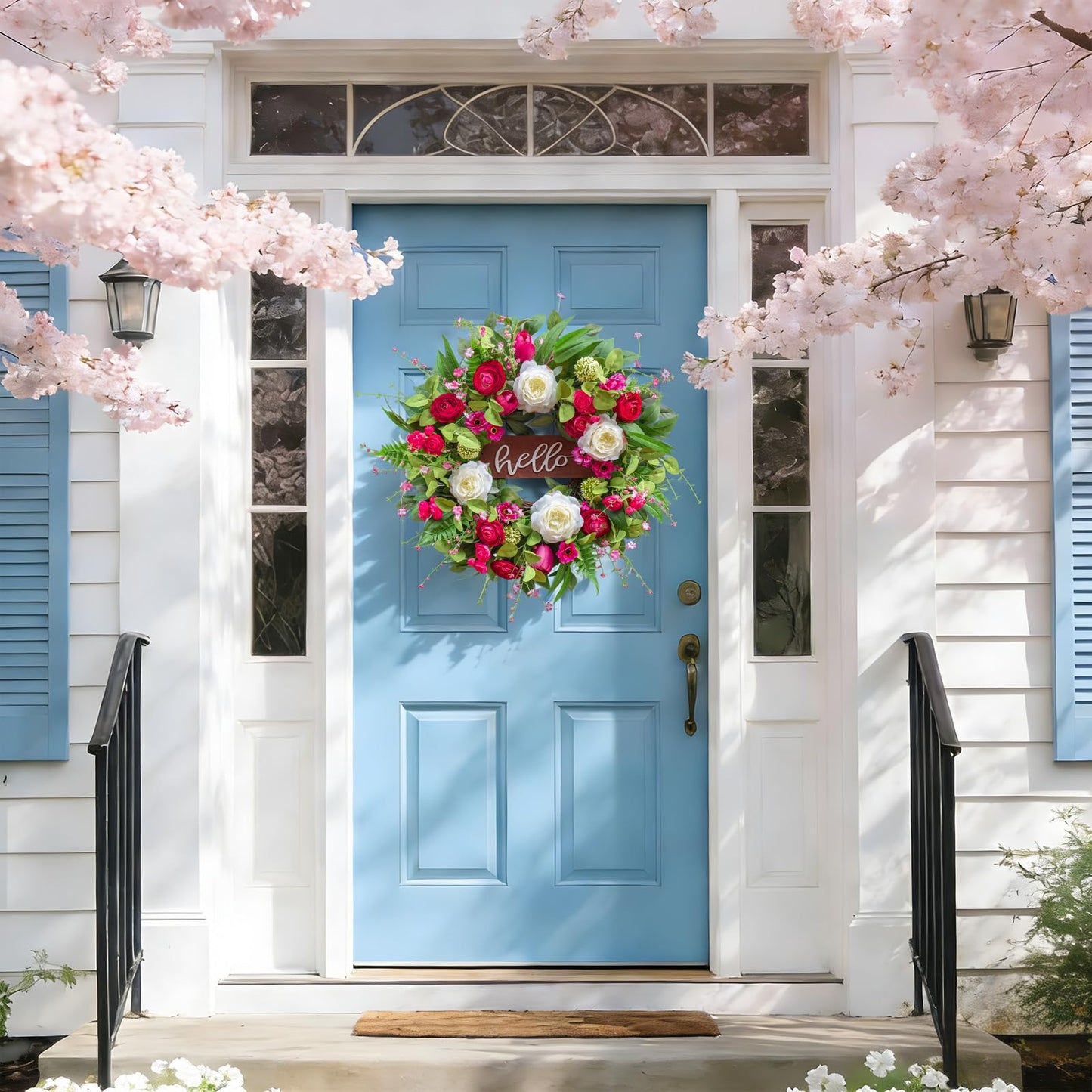 Pinkpuii Spring Wreaths for Front Door Outside– 24 Inch Spring Summer Wreath with Vibrant Pink Peony,Tulip & White Rose Flowers and Hello Wooden Sign,Ideal for Farnhouse Porch,Wall,Window Décor