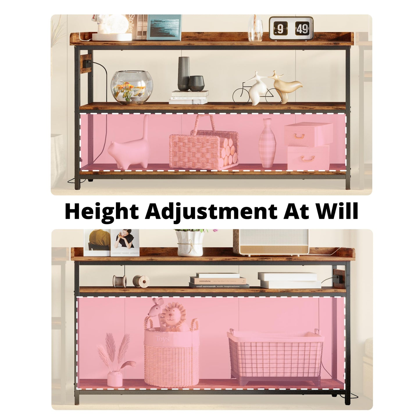 IRONCK Console Table, Sofa Table with Power Outlet, Farmhouse Hallway Table for Entryway, Living Room, Height Adjustable, Easy Assembly, Rustic Brown,55"