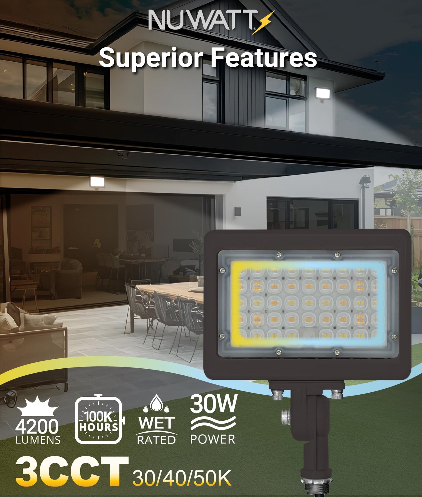 NUWATT 30W LED Flood Light, 3CCT 3000K/4000K/5000K Selectable, IP65 Waterproof Lighting, Adjustable Knuckle Mount, 4200LM, 0-10V Dimmable, 120-277V, Outdoor Security Floodlight for Yard, Bronze, UL