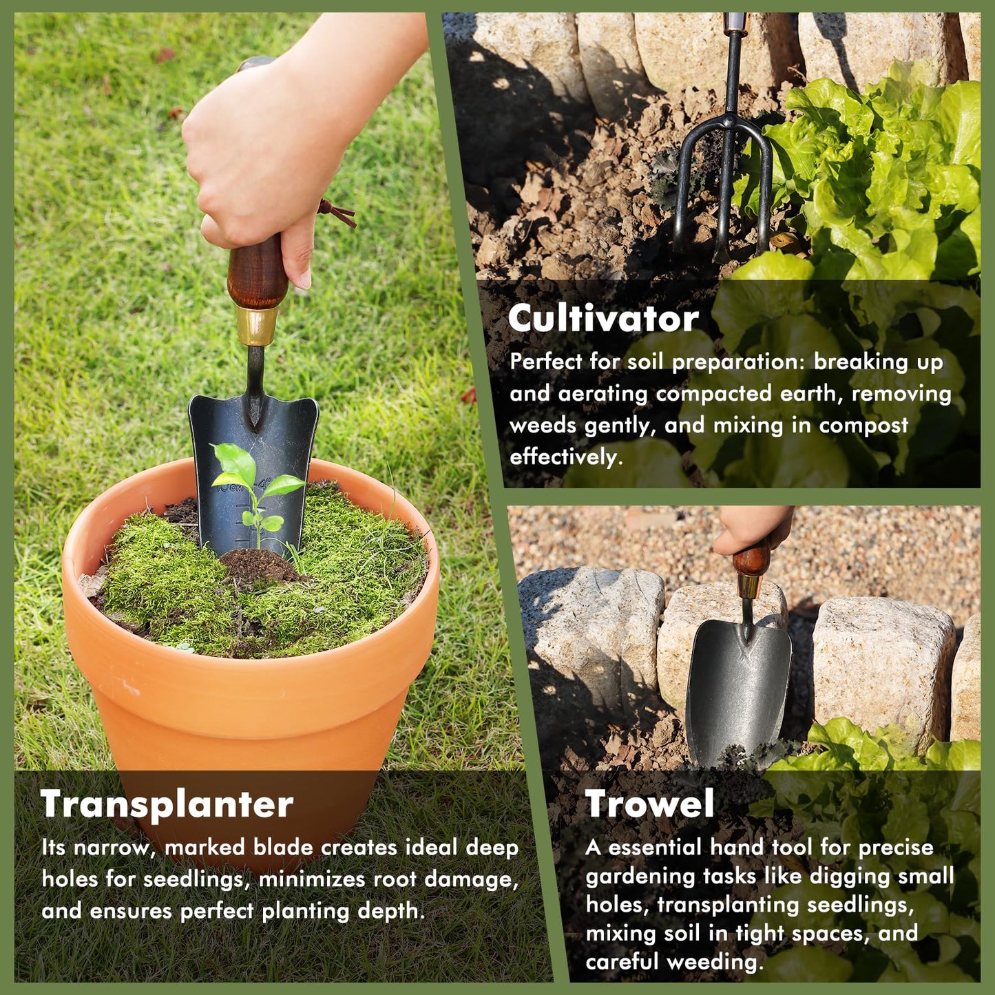 RESTMO 3-in-1 Heavy Duty Gardening Tools Kit, Premium Carbon Steel Garden Hand Tools with Ergonomic Wooden Handle Includes Trowel, Transplanter, and Cultivator, Ideal Gardening Gifts for Gardener