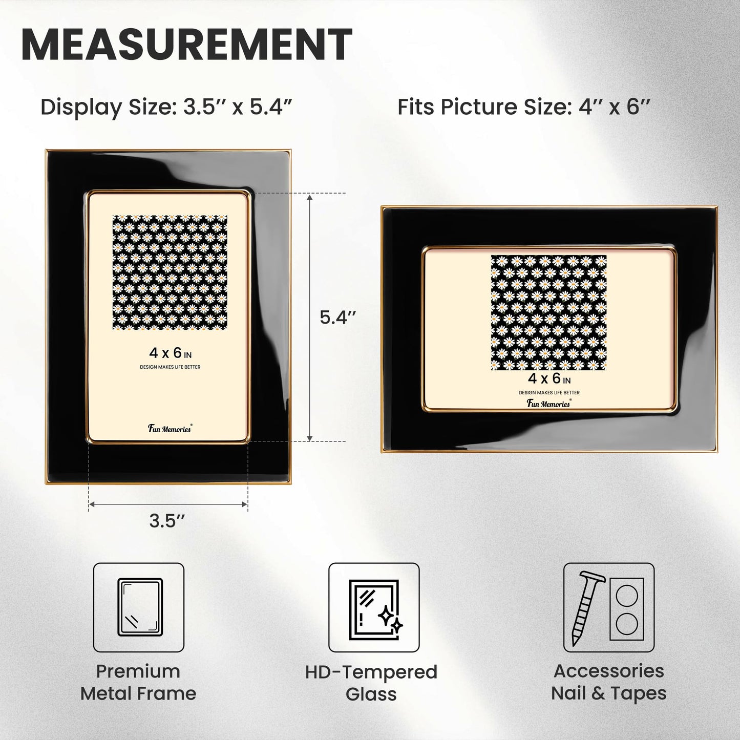 Fun Memories 4x6 Enamel Picture Frame with HD-Tempered Glass, Gold Metal Edge with Easel, Vertical & Horizontal Display, Wall and Tabletop Display Family Photo Gallery (Black Enamel,1P)