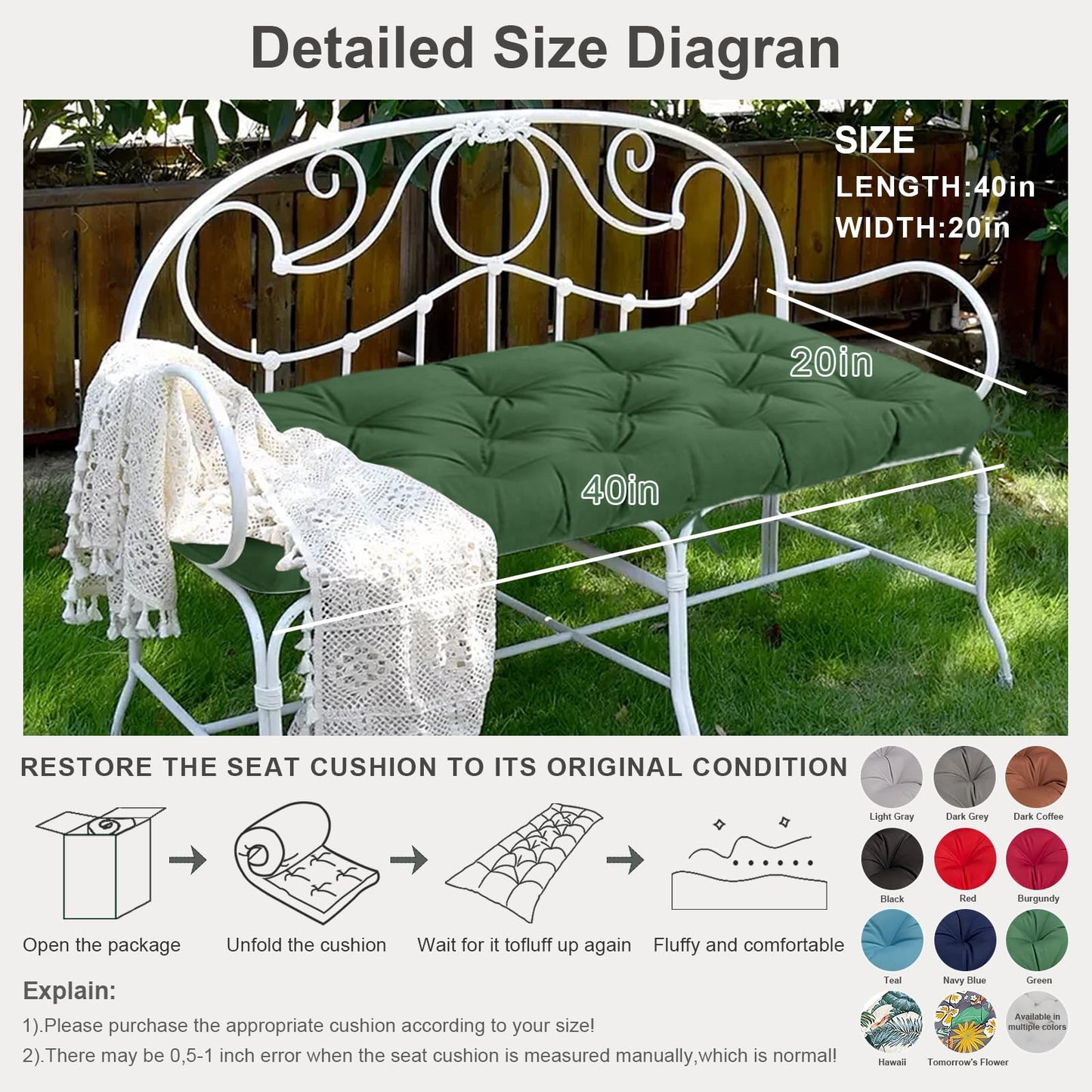 Yefound Outdoor Waterproof Bench Cushions Garden Bench Cushion Tufted Chair Pad 20 x 40 in Replacement Seat Pad Cushion Teal