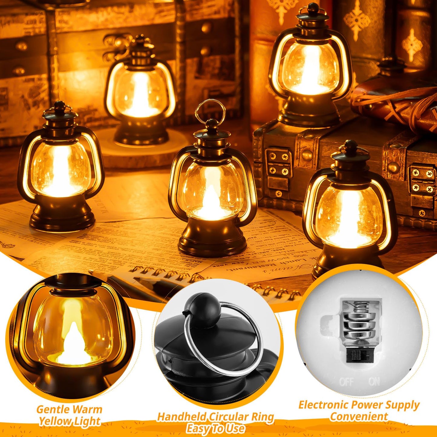 12 Pcs Halloween Mini Lantern, Lantern Centerpieces for Tables with LED Simulation Candle, 4 Inch Small Hanging Lantern, Lanterns Decorative for Wedding Centerpiece Tables (Warm Yellow