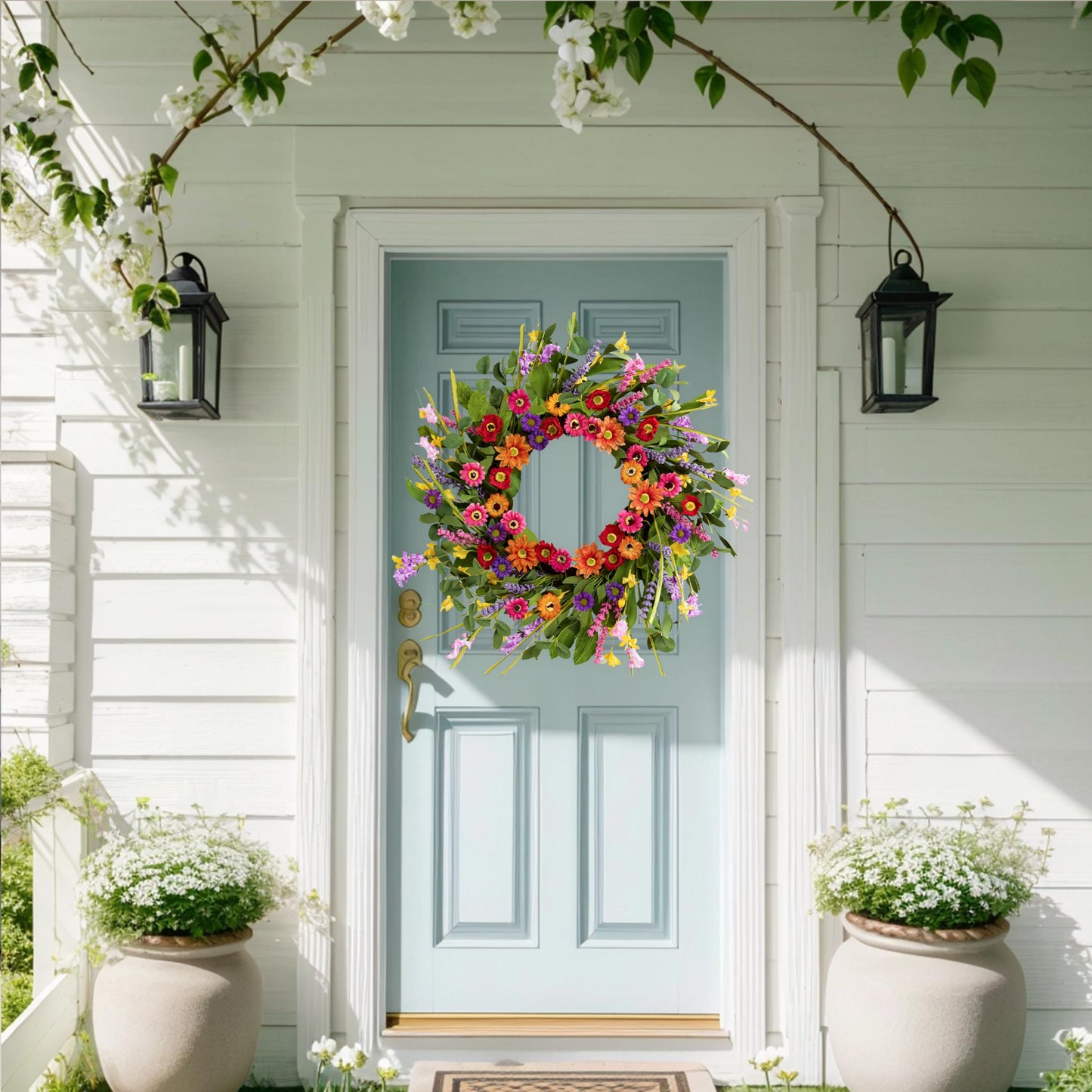 WSTPUPU Artificial Spring Wreath 22 Inch Summer Wreaths for Front Door with Green Eucalyptus Leaves Pink Daisy Lavender Spring Door Wreath for Farmhouse Wall Wedding Home Porch Easter