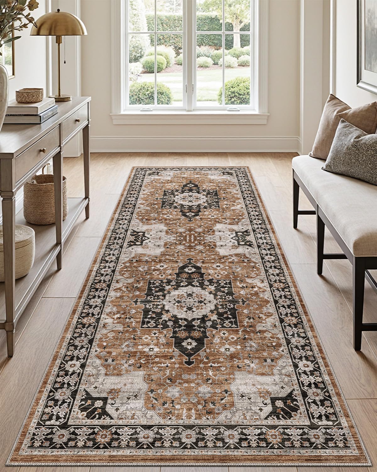 DEXI Hallway Washable Runner Rug 3x7, Vintage Farmhouse Thin Kitchen Runner with Non Slip Backing, Soft Entryway Floor Rug, Stain Resistant Distressed Carpet for Bedroom Living Room, Brown