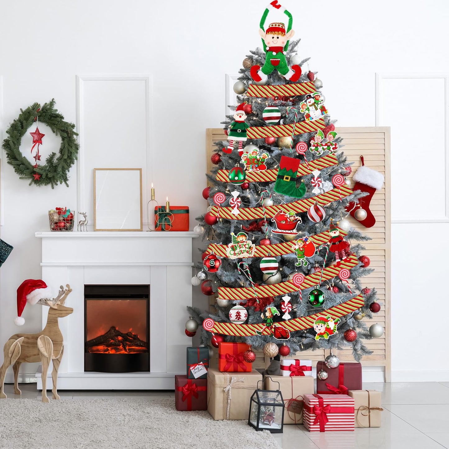 43 Pcs Elf Christmas Tree Decorations Elf Christmas Tree Hanging Ornaments Topper Candy Ball Pendant Red White Green Hanging Ornaments for Holiday Party Decoration