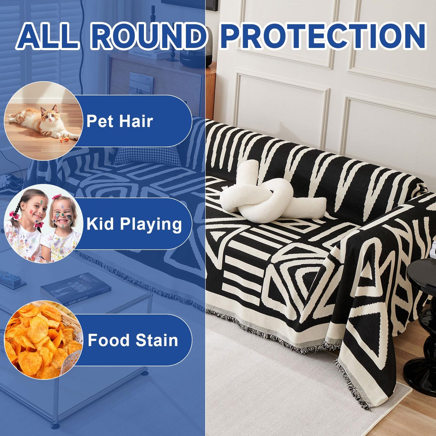 VClife Boho Couch Cover for Dog, Soft Cooling Sofa Cover for Sectional L Shape, Breathable Fabric Furniture Protector for Pet, Reversible White and Black Checkered Plaid Sofa Slip Cover Futon Cover