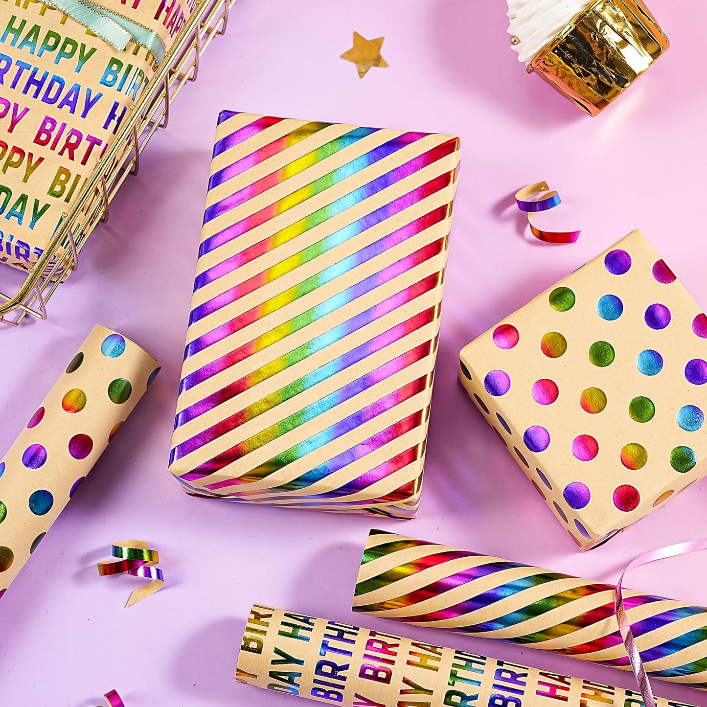 WRAPAHOLIC Kraft Birthday Wrapping Paper Roll - 3 Mini Rolls - 17 Inch x 120 Inch Per Roll - Rainbow Foi Happy Birthday Wrapping Paper for Boys Girls Kids, Baby Shower