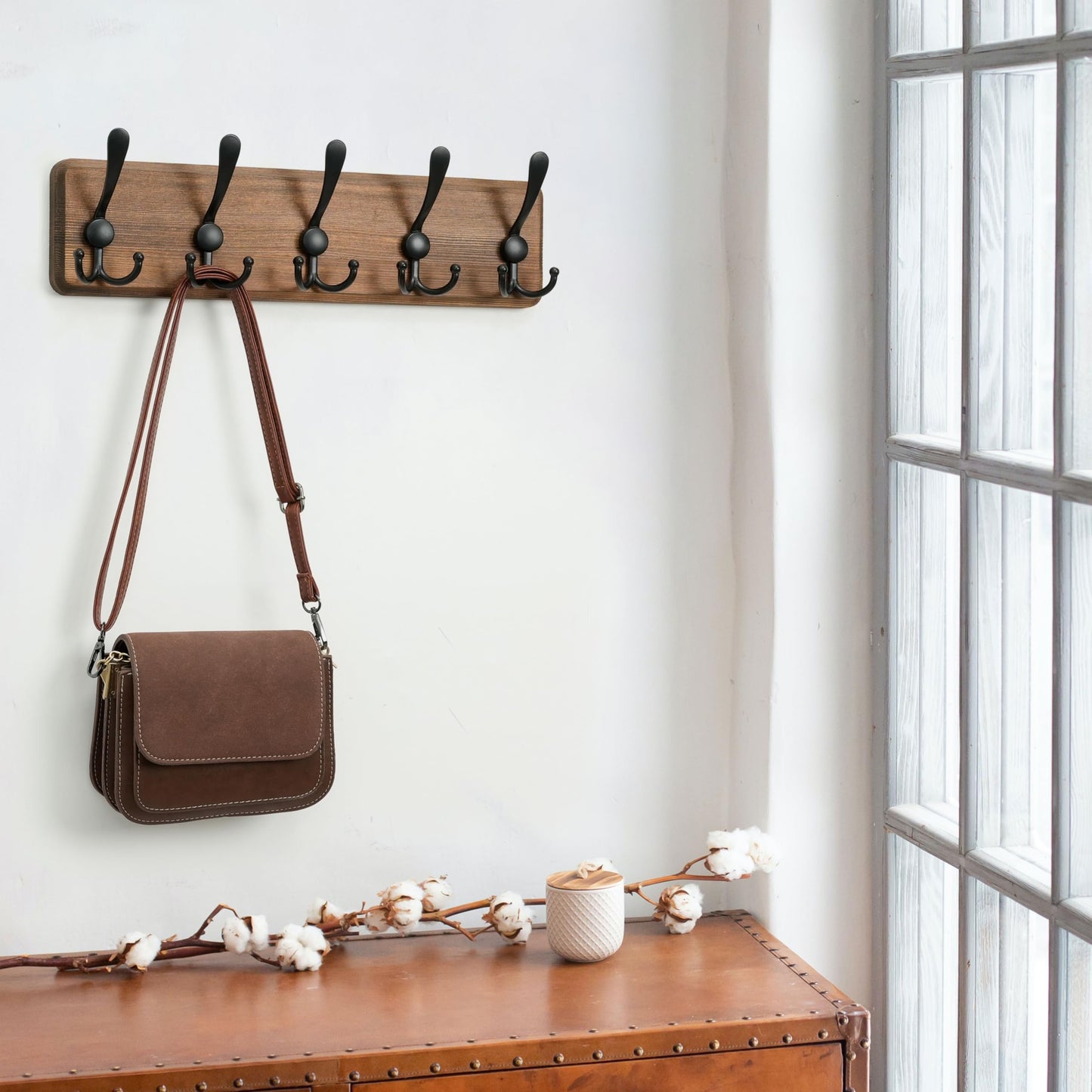 WEBI Rustic Coat Rack Wall Mount,Solid Wood Coat Hooks Wall Mounted Coat Hanger,16" Hole to Hole,Hook Rack Rail,5 Triple Hooks for Hanging Coats,Jacket,Clothes,Farmhouse,Brown