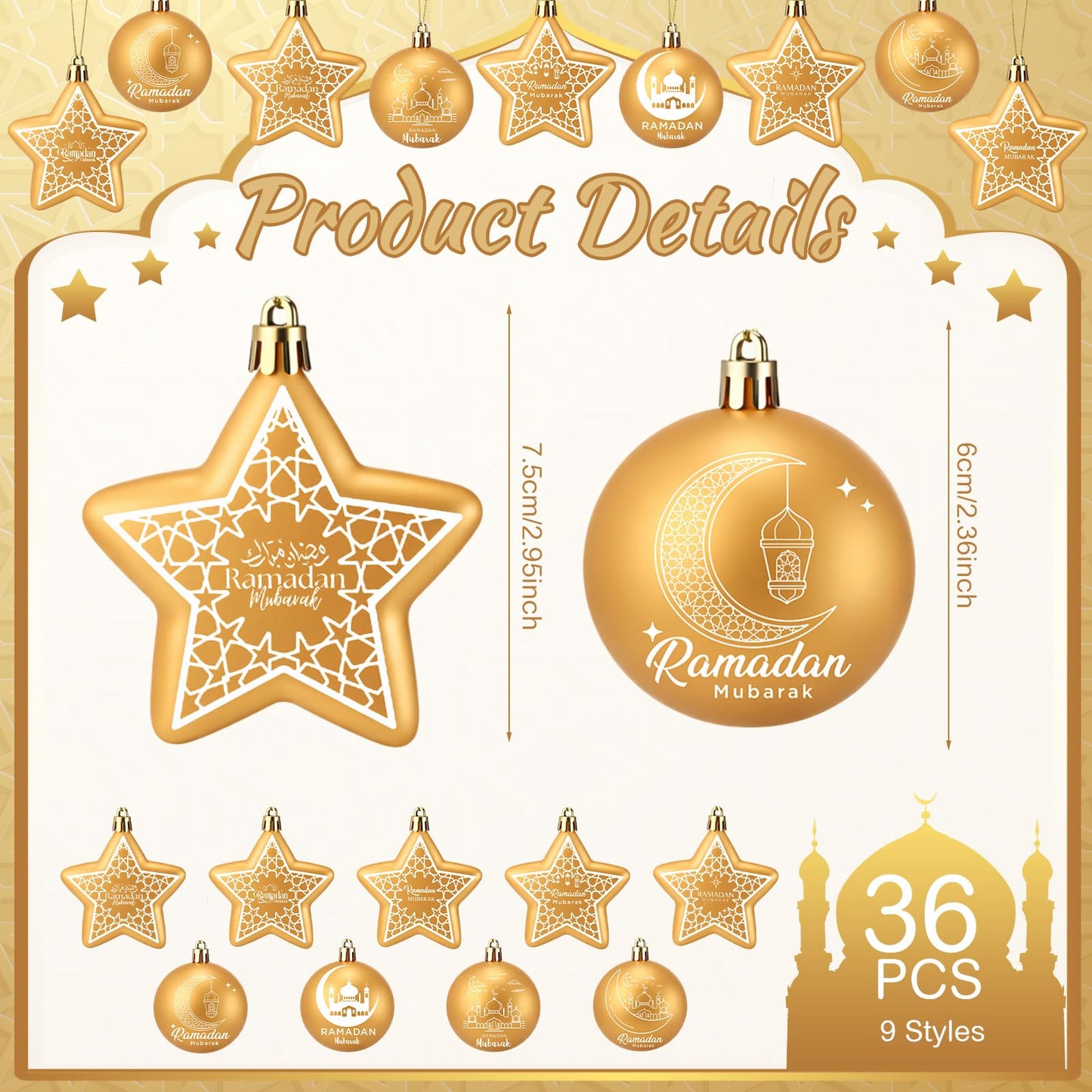 PullCrease 36 Pcs Eid Mubarak Decorations Ramadan Hanging Decorations Gold Moon Ornaments Plastic Eid Mubarak Hanging Balls Star Ramadan Islamic Decor for Home Window Islamic Muslim Tree Party Decor