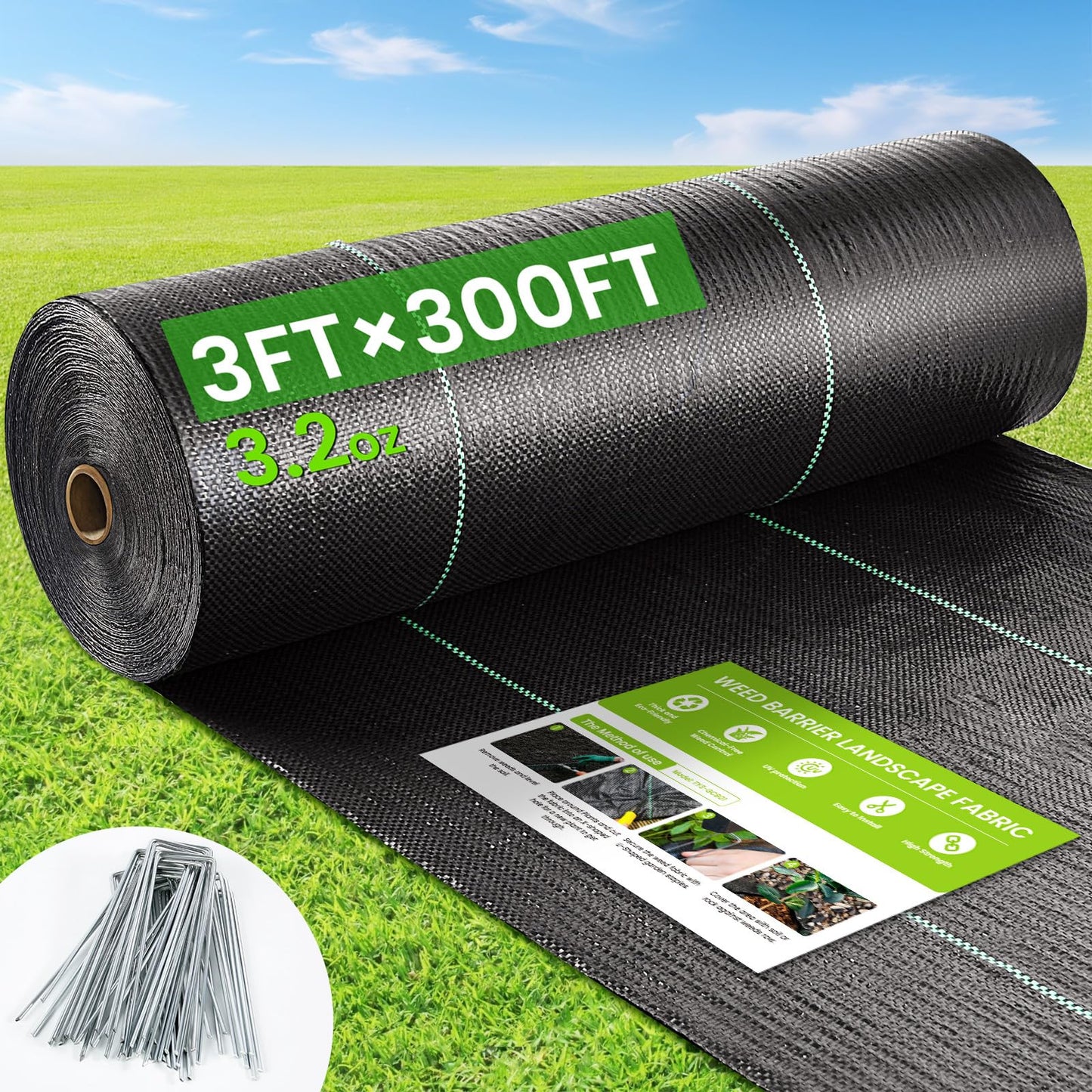 Weed Barrier Fabric, 3x300ft Landscape Fabric, 3.2oz Heavy Duty Durable Woven Geotextile Fabric, High Permeability Ground Cover Mat, Driveway Fabric, Garden Weed Control Cloth with 20 U-Securing Pegs