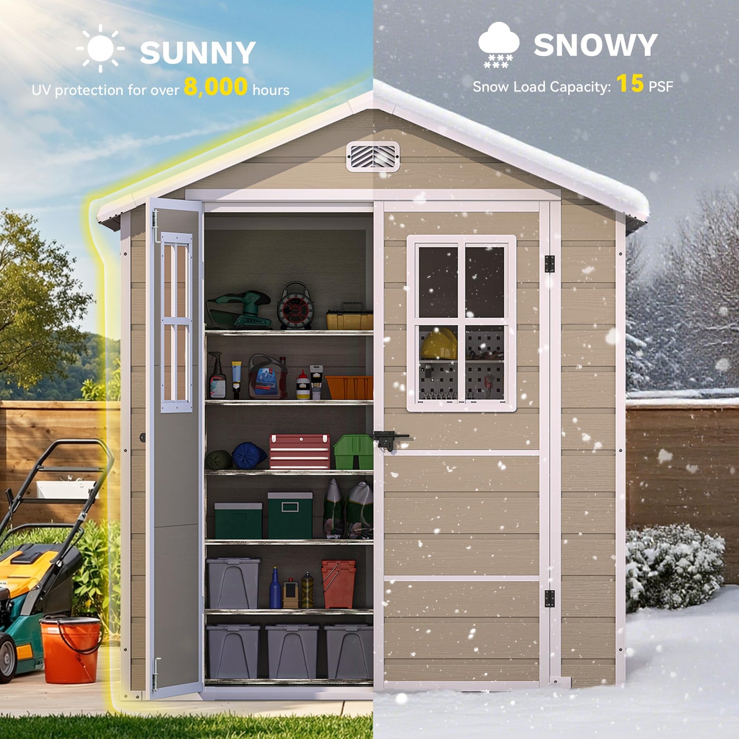 DWVO 6x4.4 FT Outdoor Storage Shed, Plastic Garden Tool Shed with 2 Windows, Double-Wall Outside Shed for Lawn Mower, Garden Tool for Backyard, Patio, Lockable, Beige