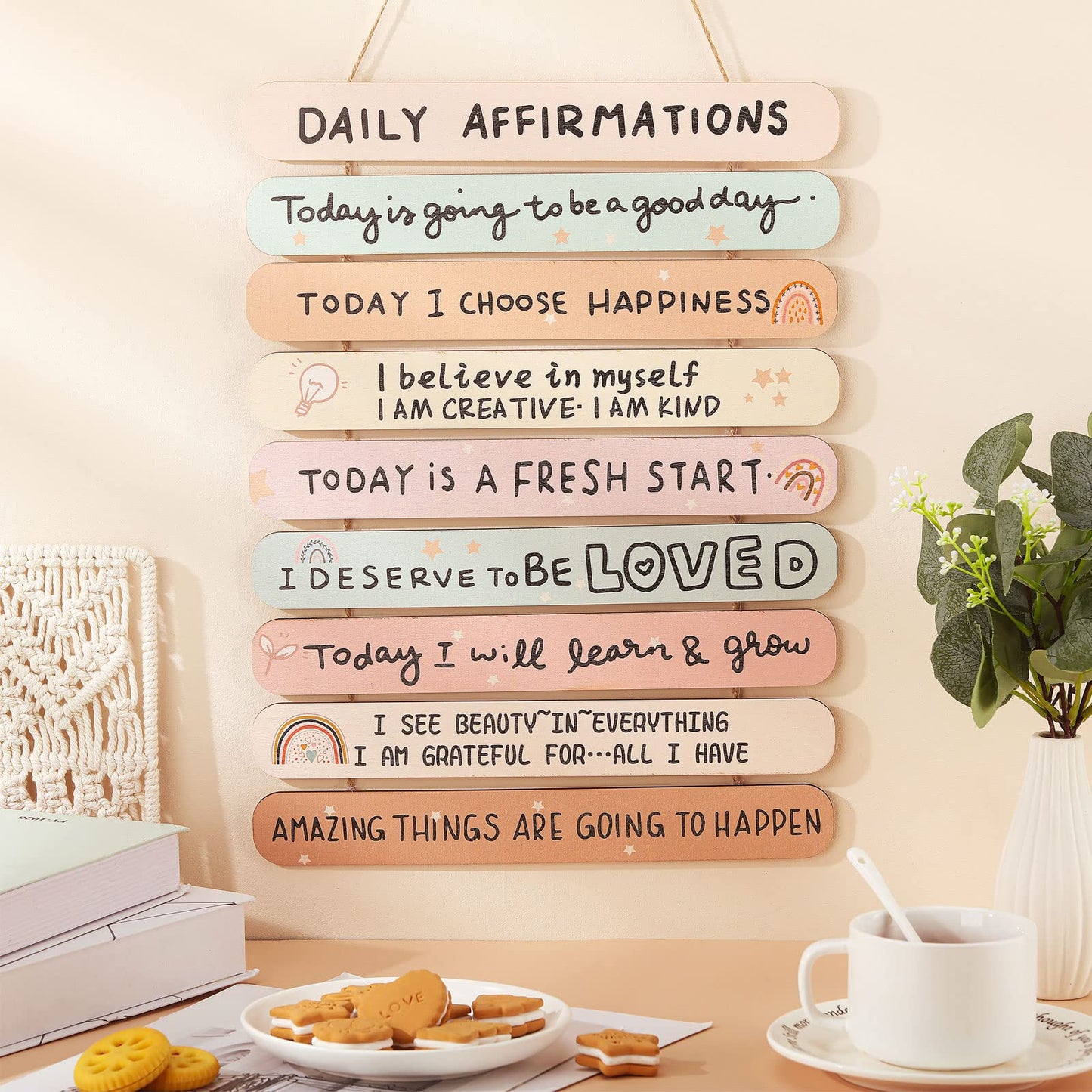 Gerrii Positive Affirmations Wall Decor Wooden Inspirational Wall Art Mental Awareness Motivational Hanging Art Positive Self Love Quotes Decor for Nursery Office Bedroom(Rainbow)
