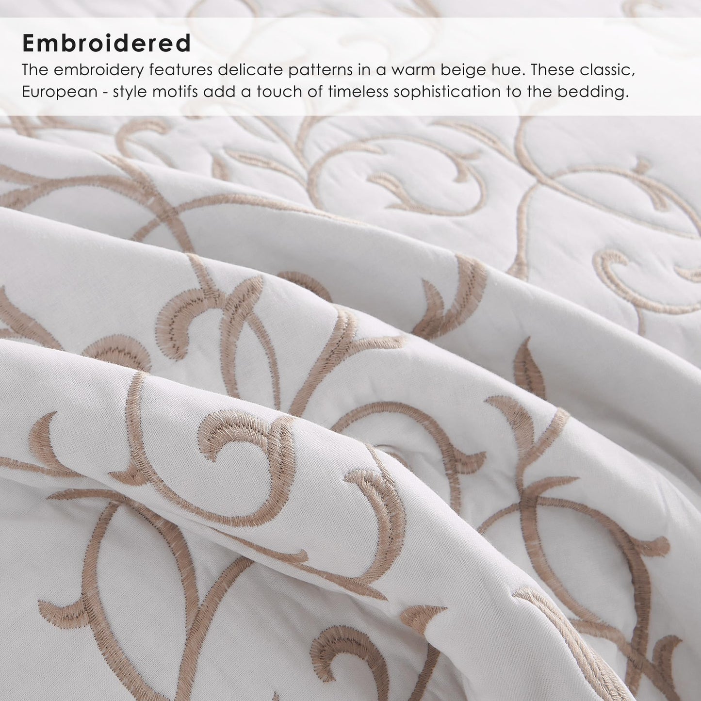 Querencia Cotton Quilt King Size - Embroidered Beige Quilt Tan Cotton Coverlet, French Country Toile Bedding, Farmhouse Bed Spread Set Neutral (Beige and White, King/Cal King, 3 Pieces)