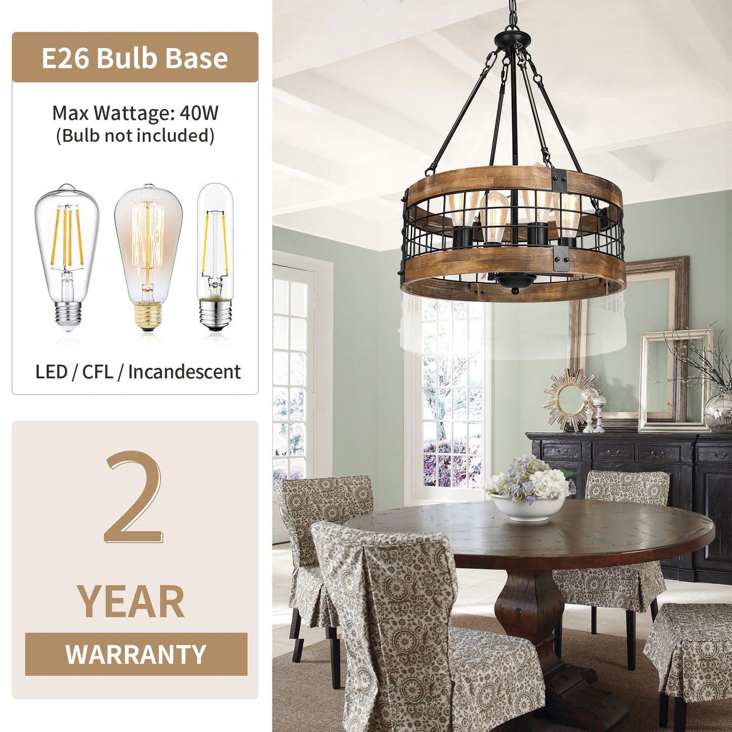 4-Light Rustic Chandelier for Entryway, Round Farmhouse Light Fixtures for Dining Room, Industrial Drum Hanging Pendant Lighting for Kitchen Island, Nature Wood Texture and Black Metal Finish