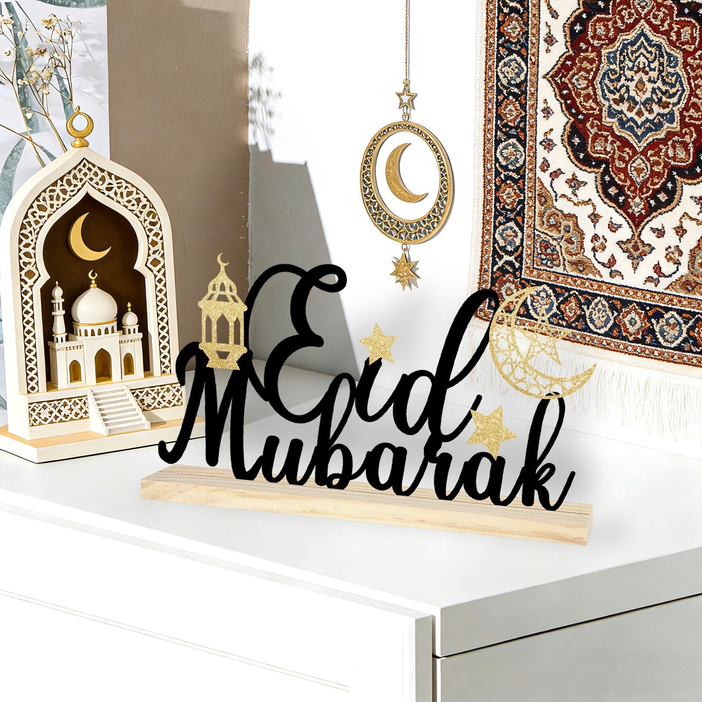 COCHIE Metal Eid Mubarak Sign, Ramadan Decorations for Home, Shelf, Mantel, Indoor, Moon Star Eid Decor, Eid Mubarak Ramadan Table Top Party Decoration (Eid)