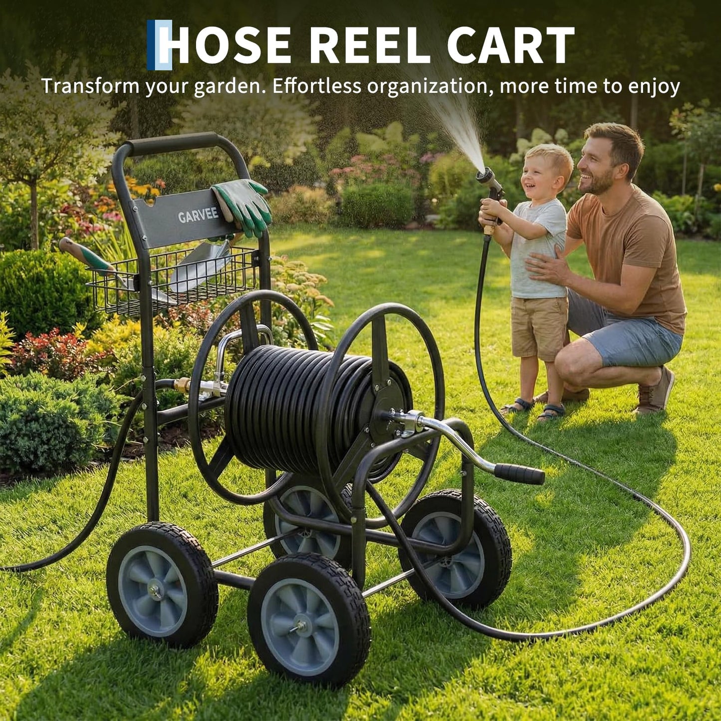 Garvee Hose Reel Cart, 4 Wheels Heavy Duty Mobile Garden Hose Cart Holds 250ft of 5/8" Water Hose, Powder-Coated Steel with Storage Basket for Yard, Lawn, Outdoor Planting
