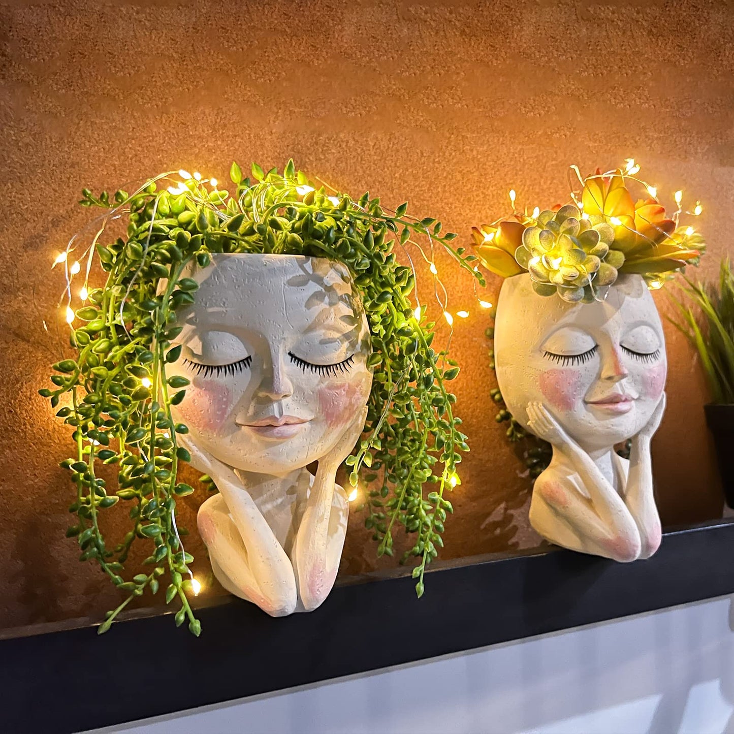 ASDFG Solar-Face Flower Pot Head Planter Pots - LED String Lights Warterproof Resin Succulent Cactus Planters Pots with Drainage Hole Cute Lady Closed Eyes Indoor Outdoor Garden Decor (Large)