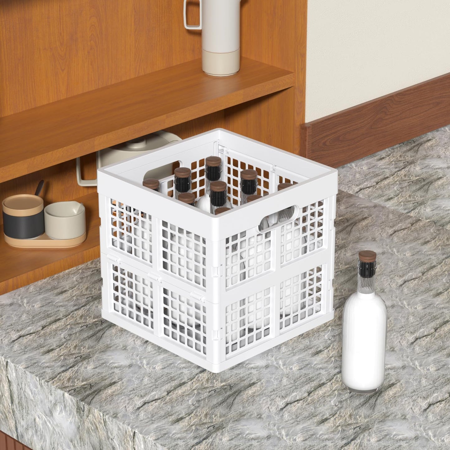 Sadstory 18 L Plastic Square Folding Storage Crate, Stackable Collapsible Crates, White, 3 Pack