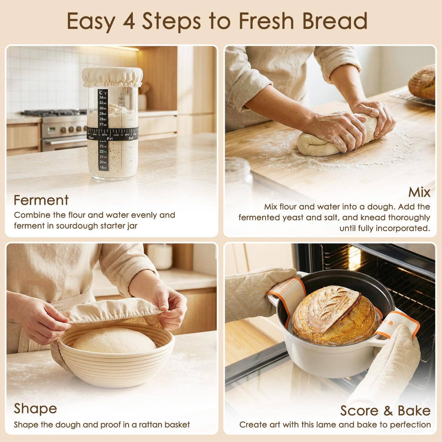 Kikcoin Sourdough Starter Kit, Complete Sourdough Bread Baking Supplies Includes 24oz Sourdough Starter Jar, Rattan Banneton Proofing Basket Set of 2, Artisan Bread Making Kit for Beginners & Pros