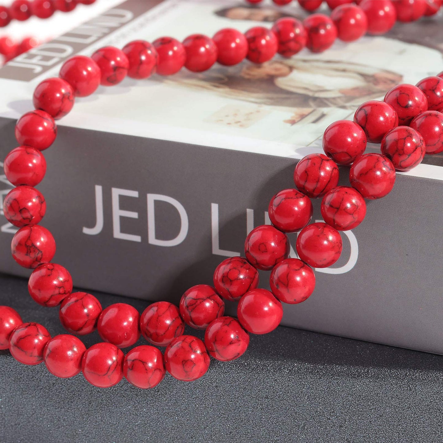 Filluck Natural Stone Beads 8mm Red Turquoise Polished Round Smooth Gemstone Beads for Jewelry Making 15 Inch(Red Turquoise,8mm)