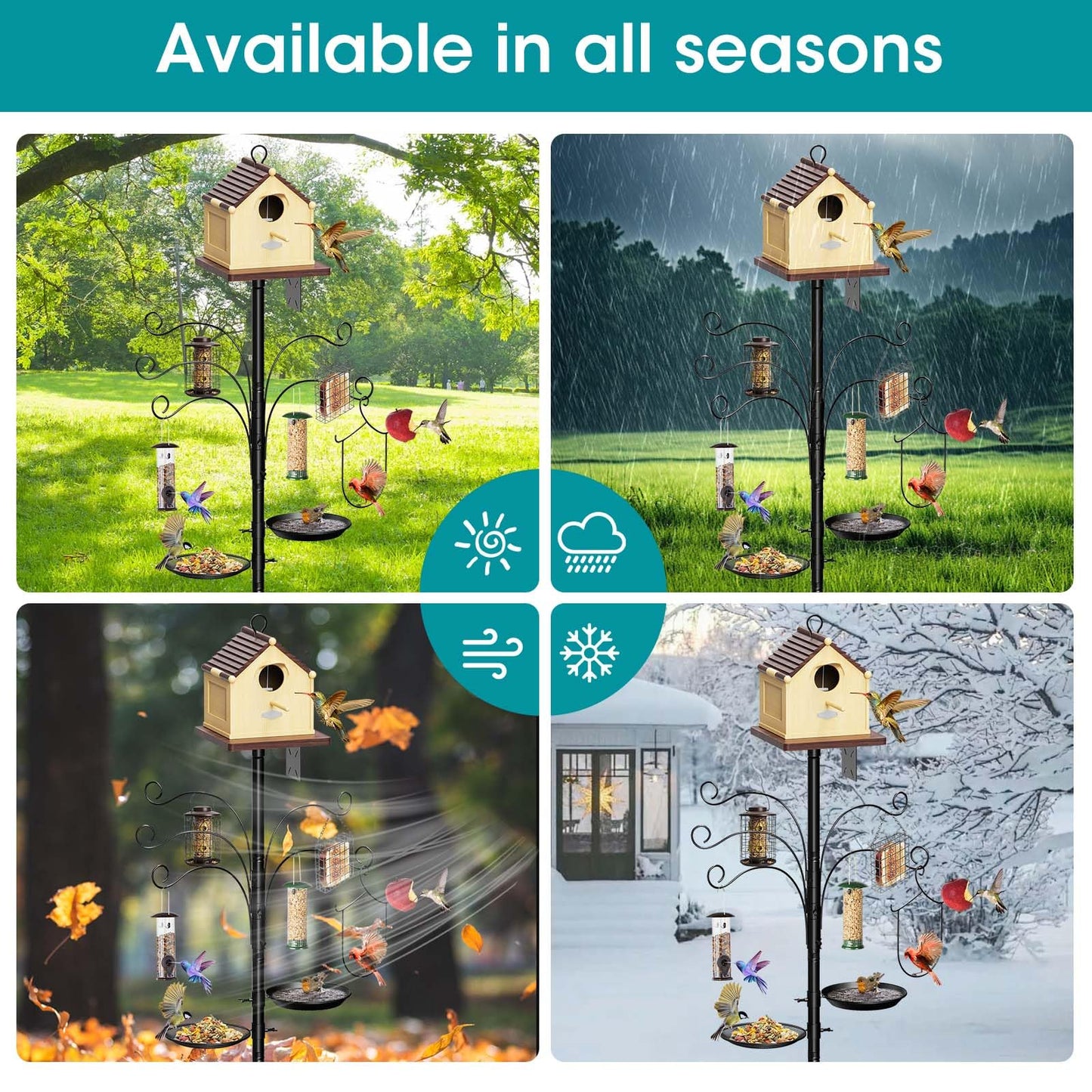 MQHUAYU 108 Inch Bird Feeder Pole Squirrel Proof, Heavy Duty Bird House Pole, Adjustable Bird Feeder Stand with 5 Shepherds Hooks, 2 Mental Trays, Hummingbird Swing
