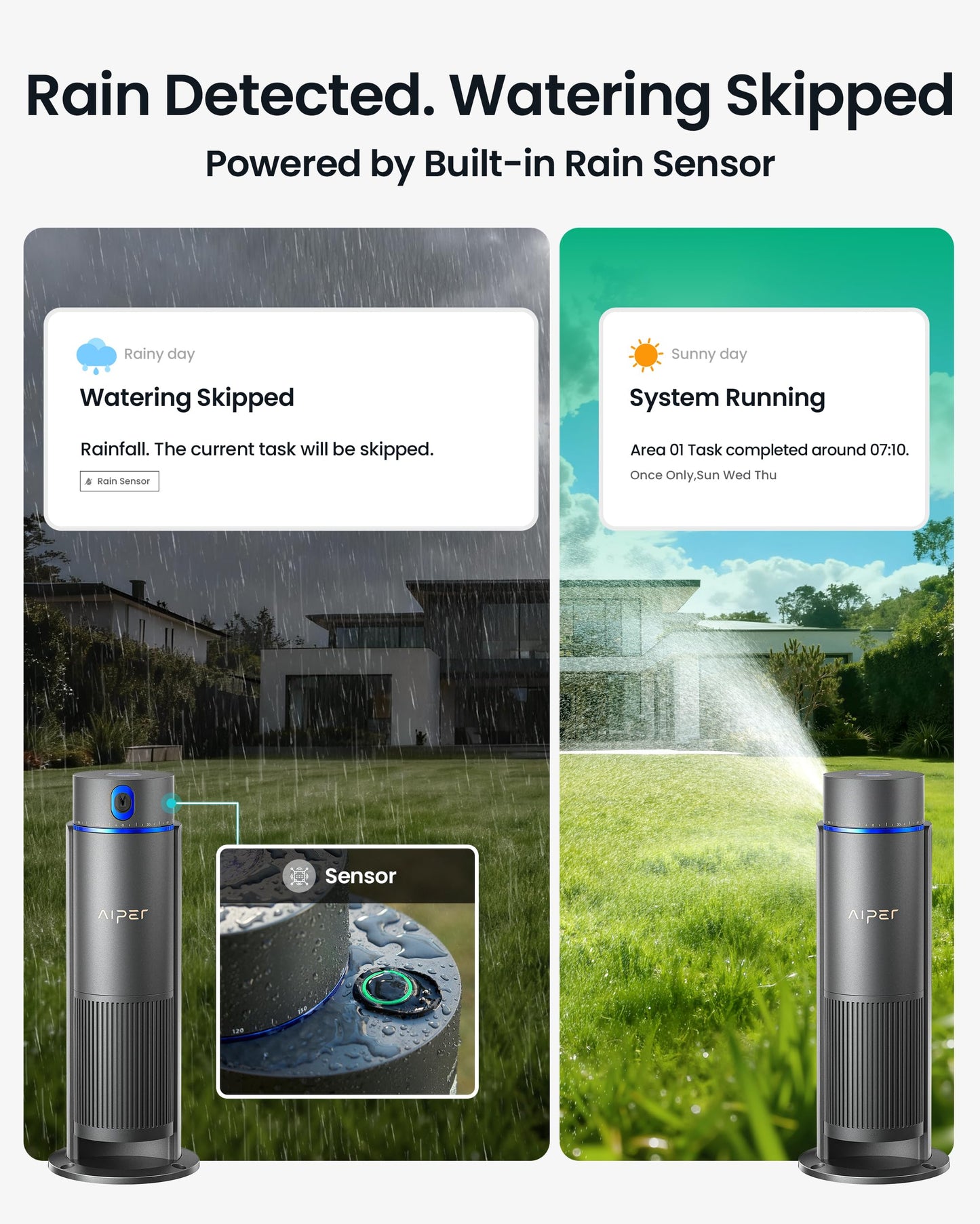 Aiper IrriSense 2 Smart Irrigation System, 4-in-1 Multi-Zone Watering Device, App Control, Smart Scheduling, Garden Sprinkler with Rain Sensor, for Lawns up to 4,800 sq.ft.
