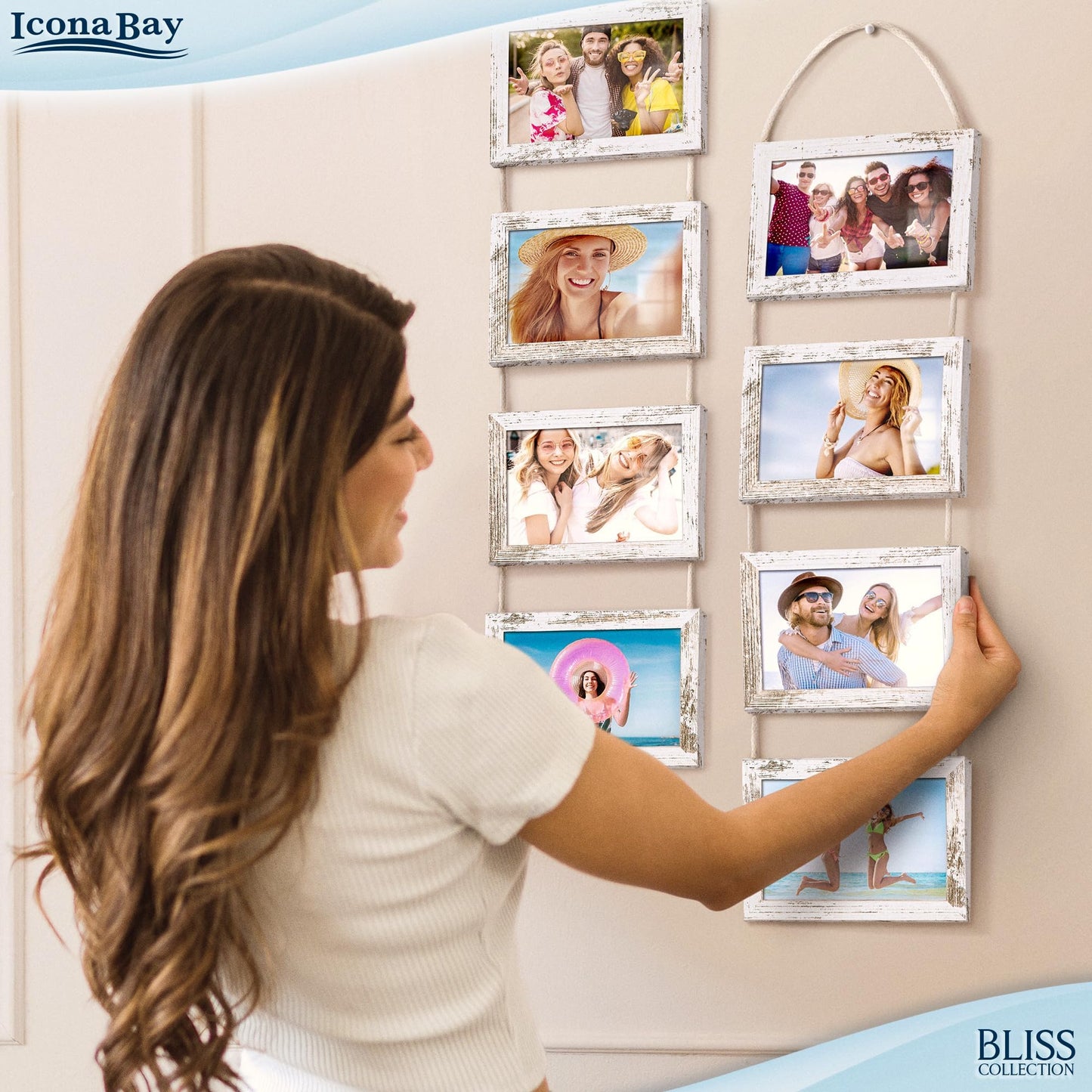 Icona Bay - 4x6 Wall Hanging Picture Frames Collage with 8 Openings - Distressed White, 2 Pack - Casual Style Engineered Wood Frames - Wall Mount Only - Bliss Collection