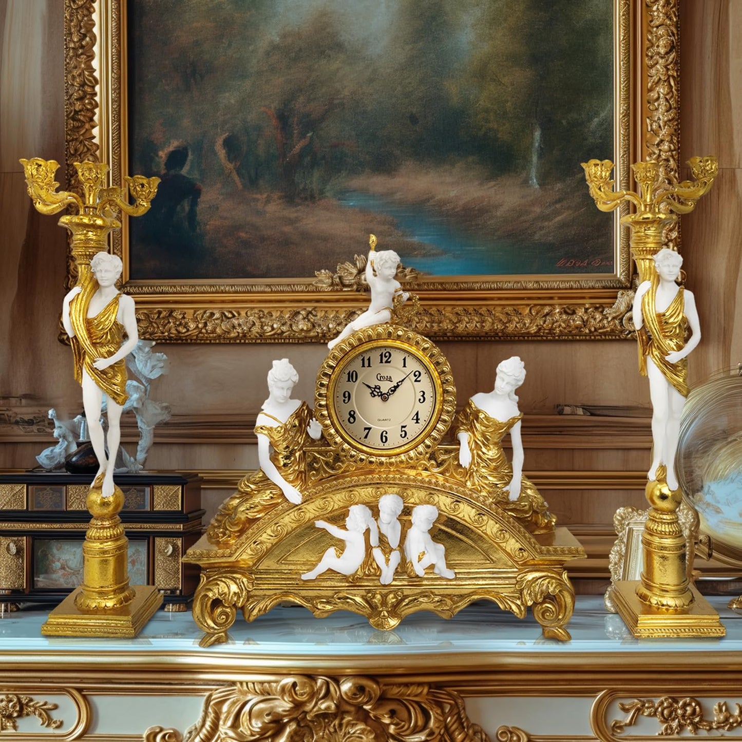 GENUINQ Clock Ornate Rococo Style Mantel Clock with Candelabras Candle Holders Gold for Home Decor