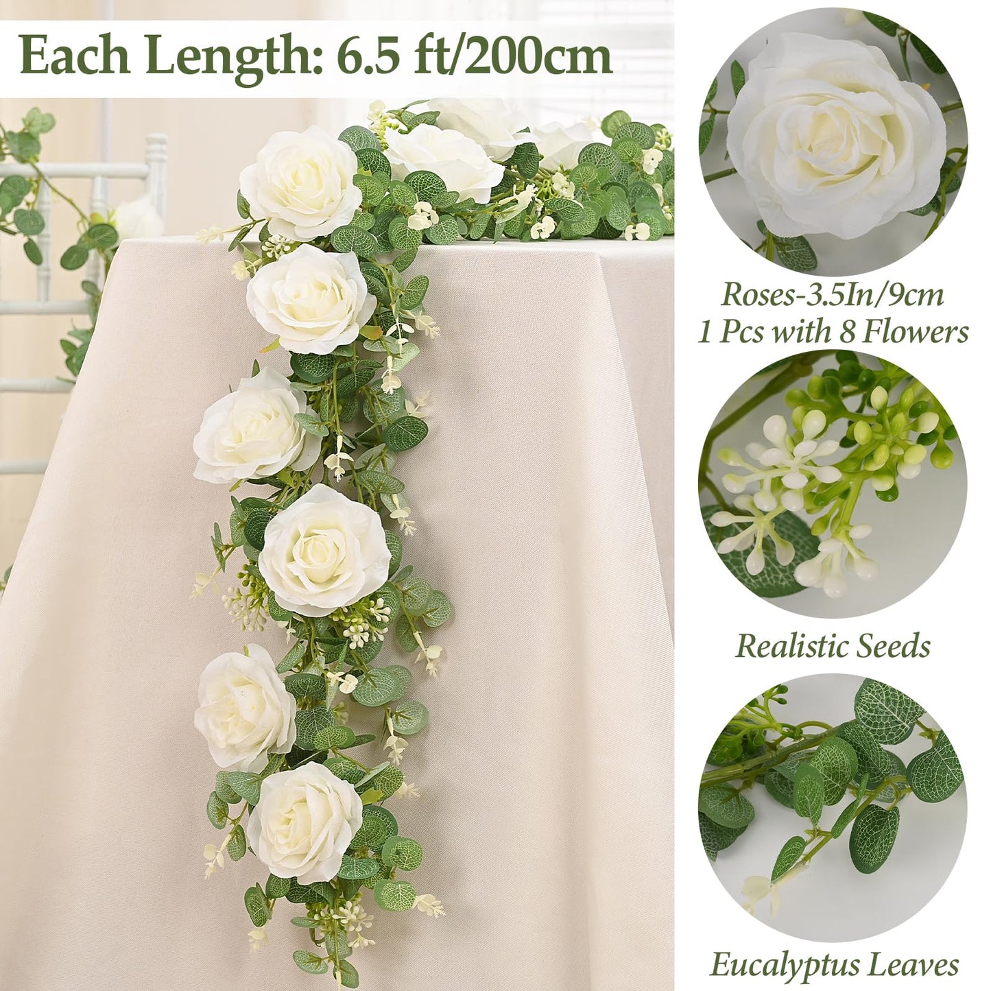 Dolicer 4Pcs 26Ft Artificial Eucalyptus Garlands with Flowers - 8 Roses, Faux Floral Greenery Garlands Fake Flowers Vines for Wedding Table Centerpieces Arch Party Ceremony Backdrop Decor (White)