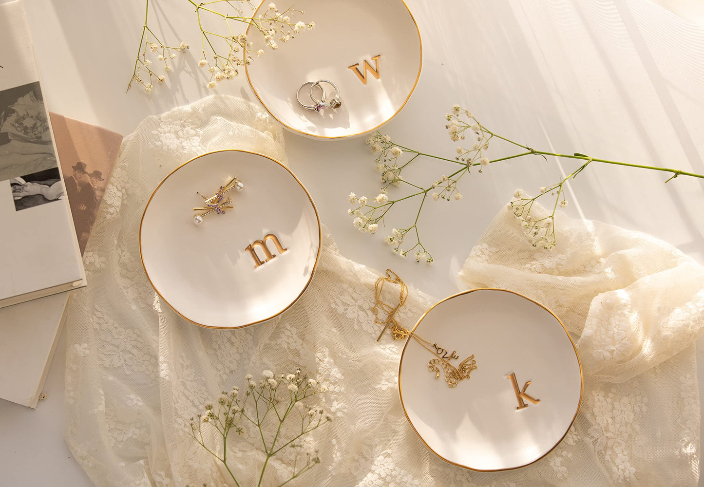 COLLECTIVE HOME - Ceramic Jewelry Tray, Decorative Trinket Dish for Rings Earrings Necklaces Bracelet Watch Keys, Birthday Mother's Day Christmas Gift for Women, 4.75", White Surface (A)