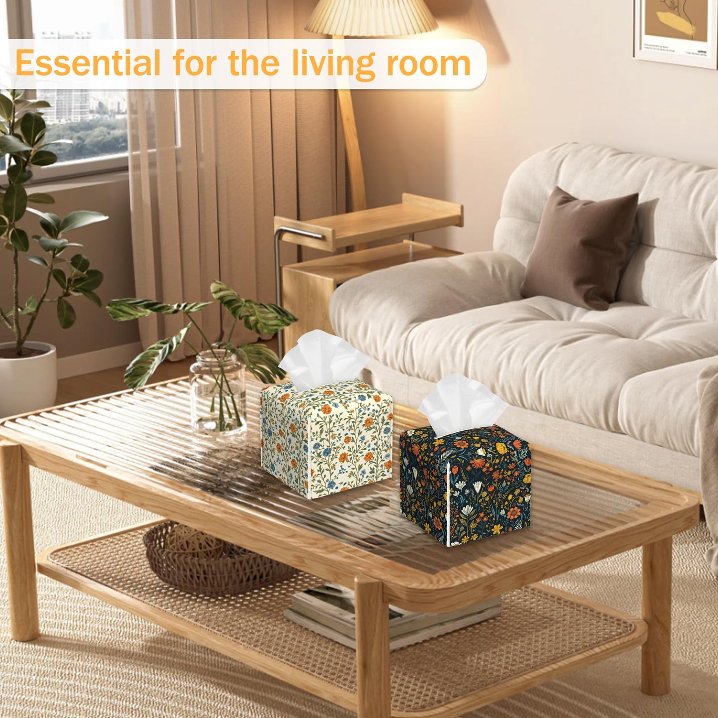 Wild Floral 2 Pcs Tissue Box Cover Square, Leather Tissue Box Holder for Bathroom Livingroom Bedroom, Spring Decorations Cube Tissue Holder