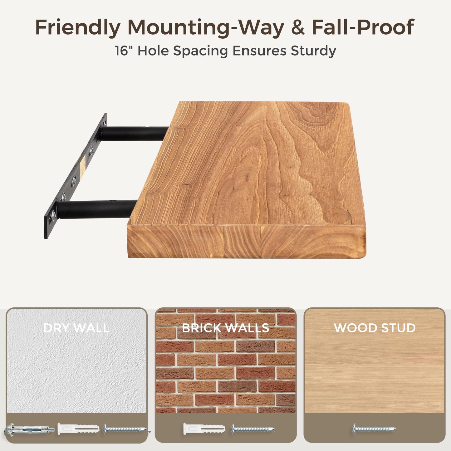 Fun Memories 36 Inch Floating Shelves for Wall, Solid Elm Wood Wall Shelf for Home Decor, Heavy-Duty Hardwood Floating Shelf for Bedroom, Bathroom, Living Room, Set of 2