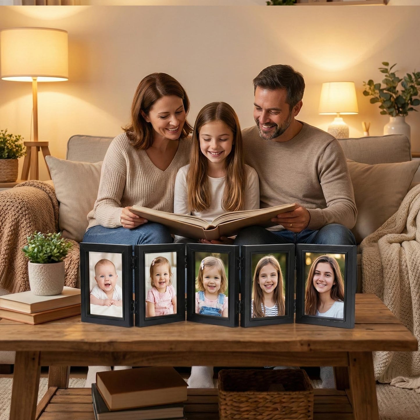 5 Folding Hinged Picture Frame 3.5 x 5 Inches High Definition Natural Wood Collage Mounts Rustic Wood Desk Family Photo Collage Stand Vertical on Tabletop Foldable Photo Frame for Family Birthday