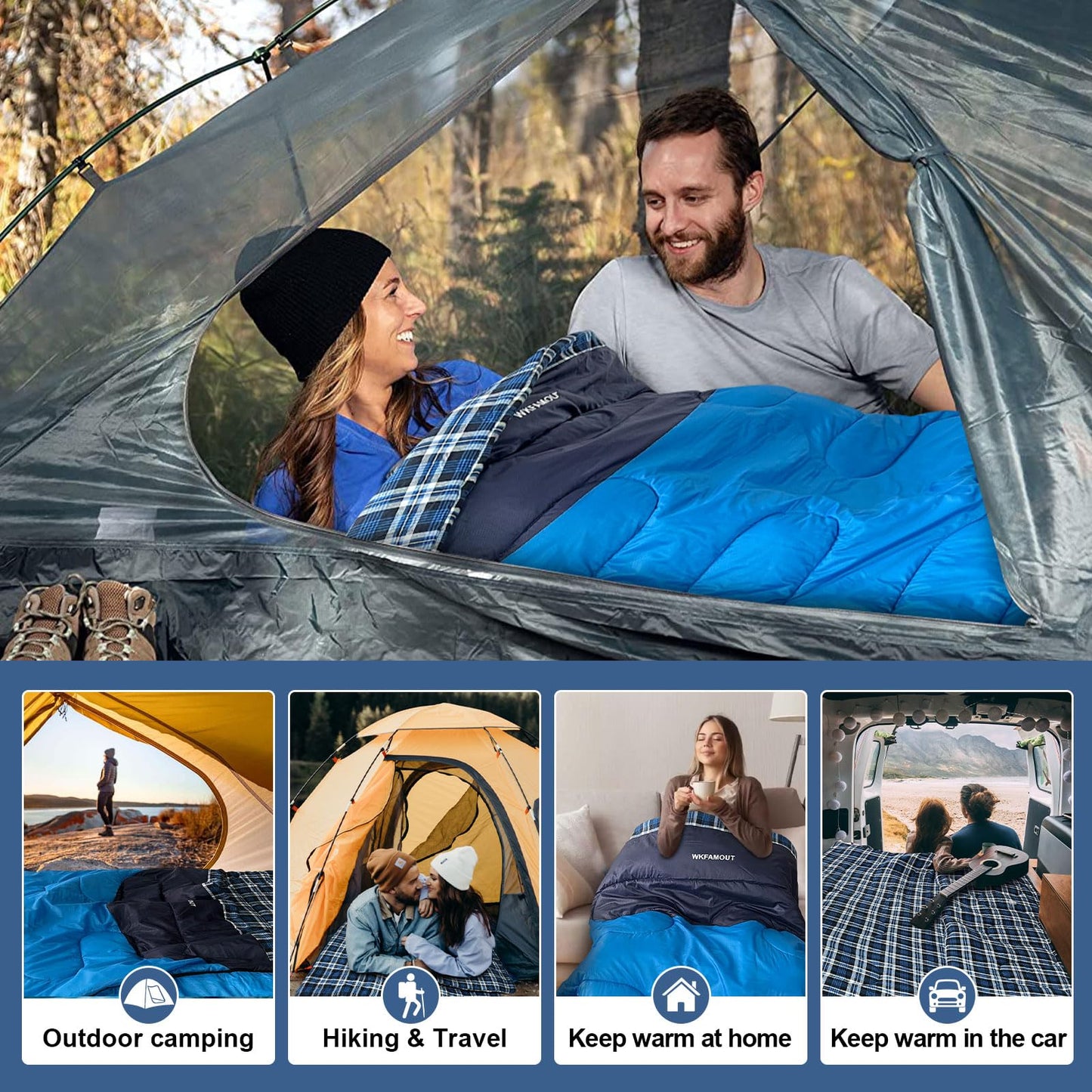WKFAMOUT Cotton Flannel Double Sleeping Bag for Adults Machine Washable 2 Person Camping Sleeping Bag Queen Size Waterproof with Compression Sack for Cold Weather 3-4 Seasons