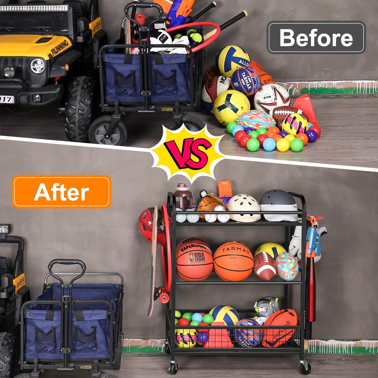 EXTCCT Ball Storage Sports Equipment Organizer - Garage Storage Cart Rolling Ball Storage Rack with Hooks Wheels Outdoor Indoor Gym Gear Toy Holder Bin for Basketball, Baseball, Soccer
